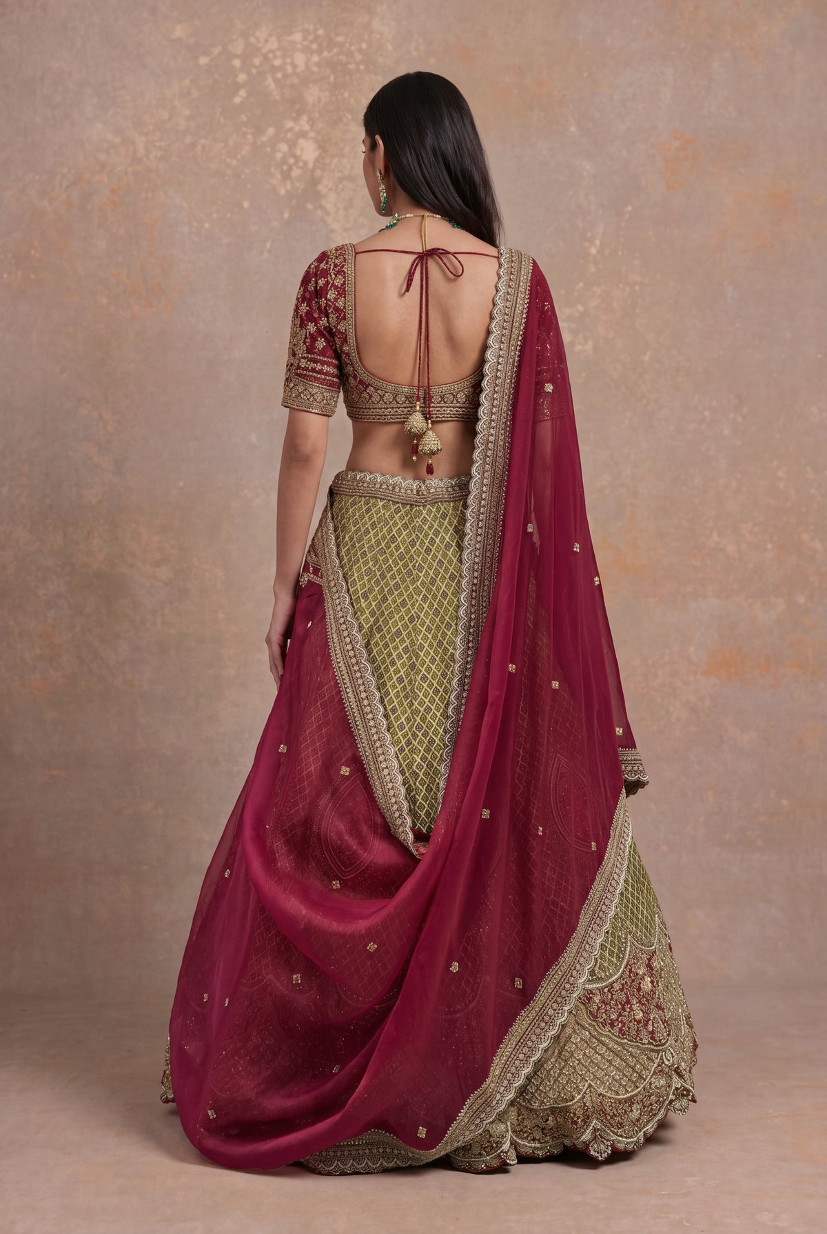 Olive Green Printed Silk Lehenga Set with Zardozi and Cutdana Work - Mokshaa
