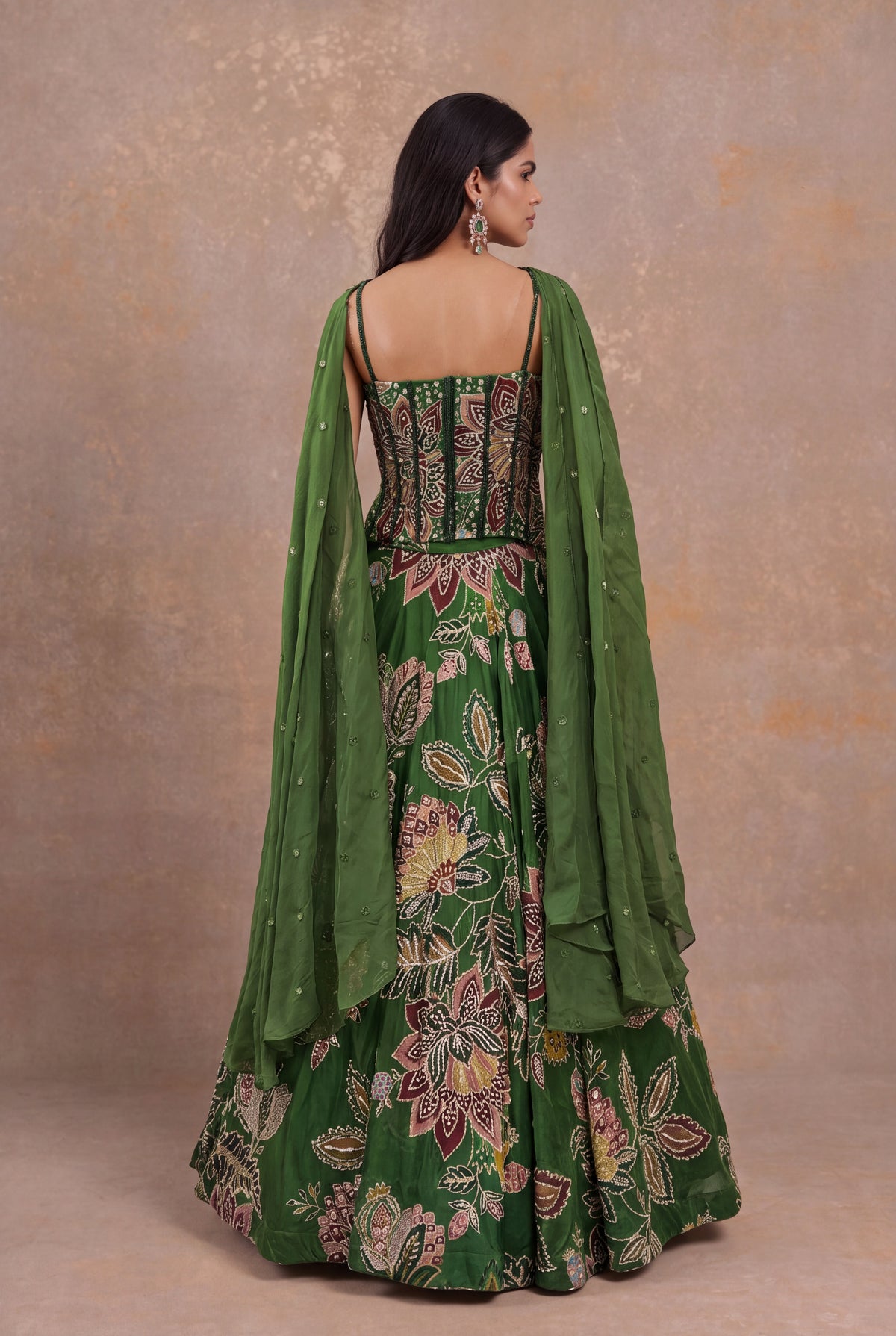 Forest Green Organza Floral Embroidered Corset Lehenga - Mokshaa