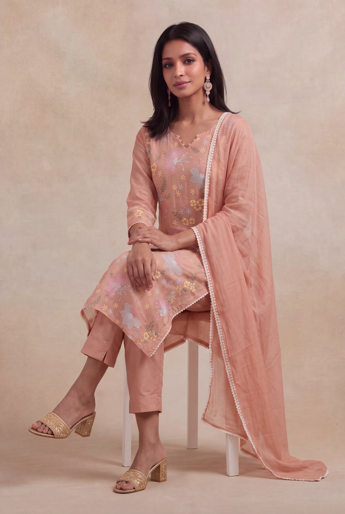 Peach Mul Cotton Embroidered Kurti Set - Mokshaa