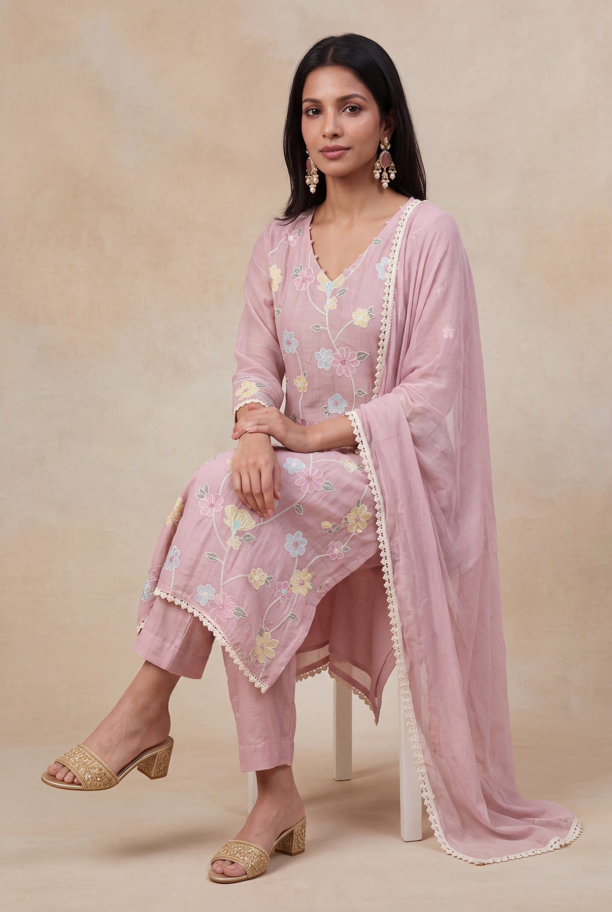 Dusty Rose Mul Cotton Embroidered Kurti Set - Mokshaa