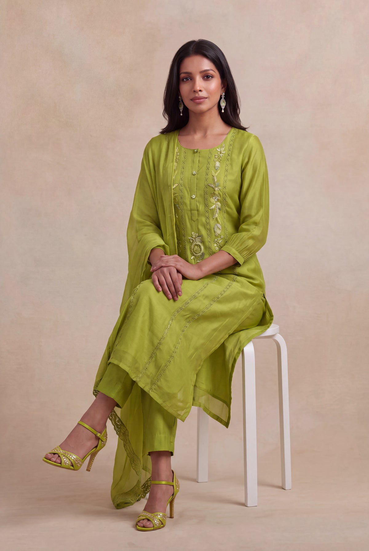 Lime Green Mul Cotton Straight-Cut Salwar Set - Mokshaa
