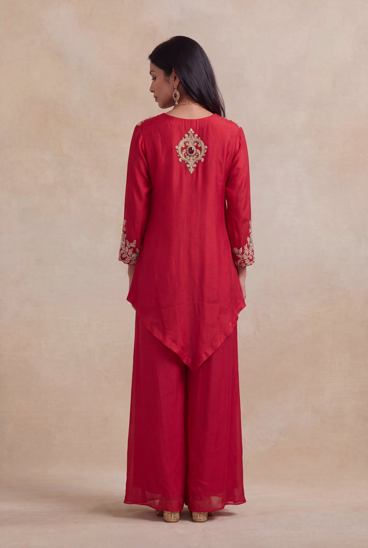 Red Raw Silk Zardosi Indo-Western Palazzo Set - Mokshaa
