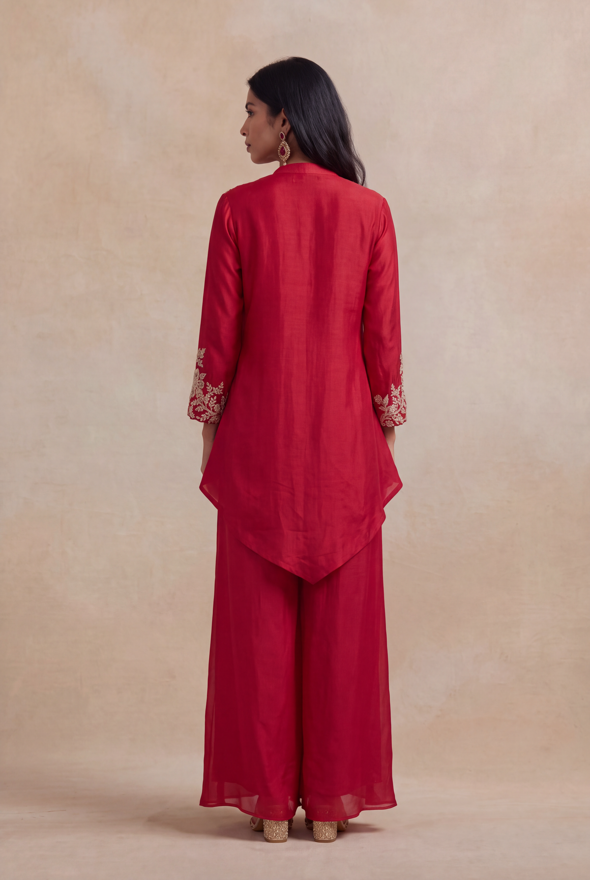 Red Raw Silk Zardosi Indo-Western Palazzo Set - Mokshaa