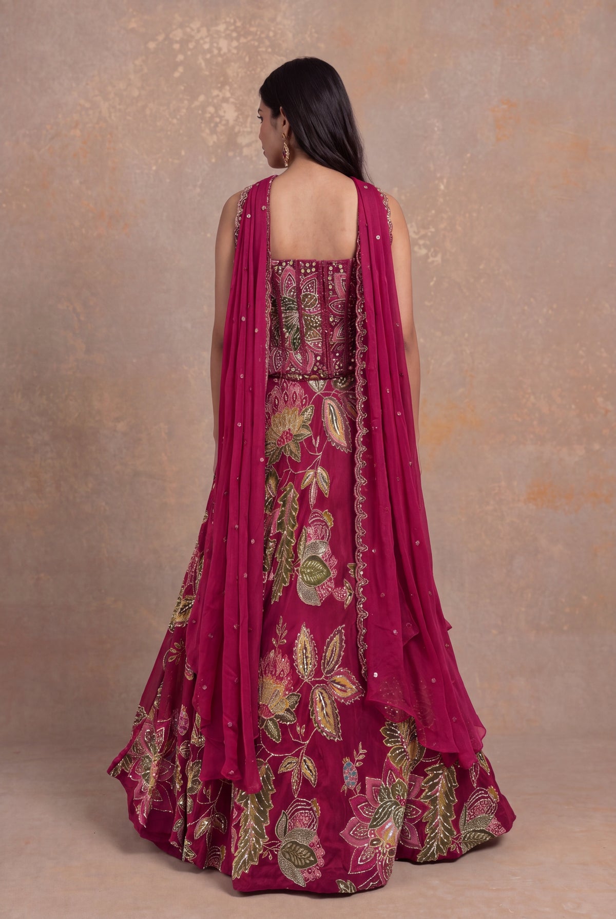 Rani Pink Organza Floral Embroidered Corset Lehenga - Mokshaa