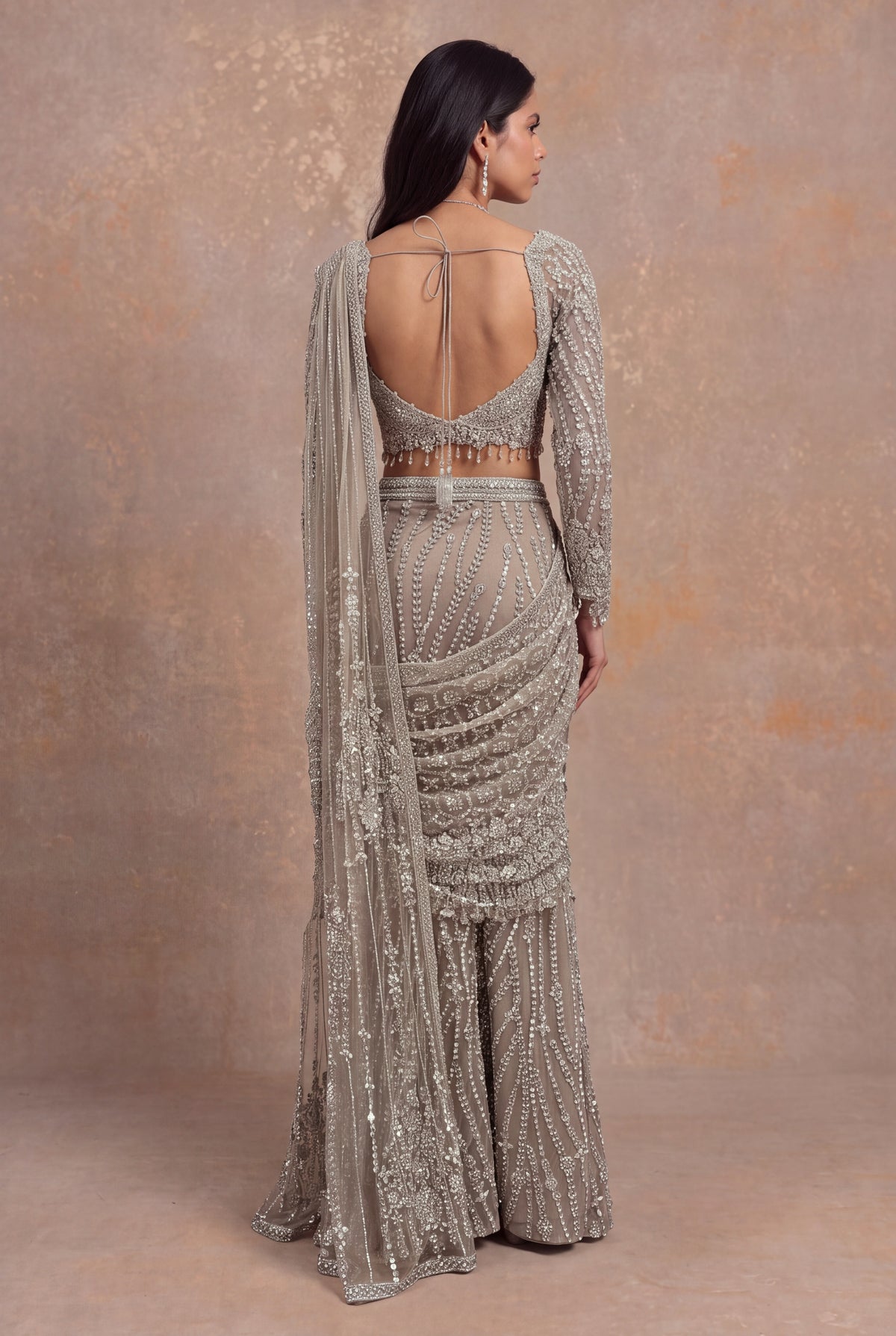 Beige Embellished Net Pre-Draped Saree - Mokshaa