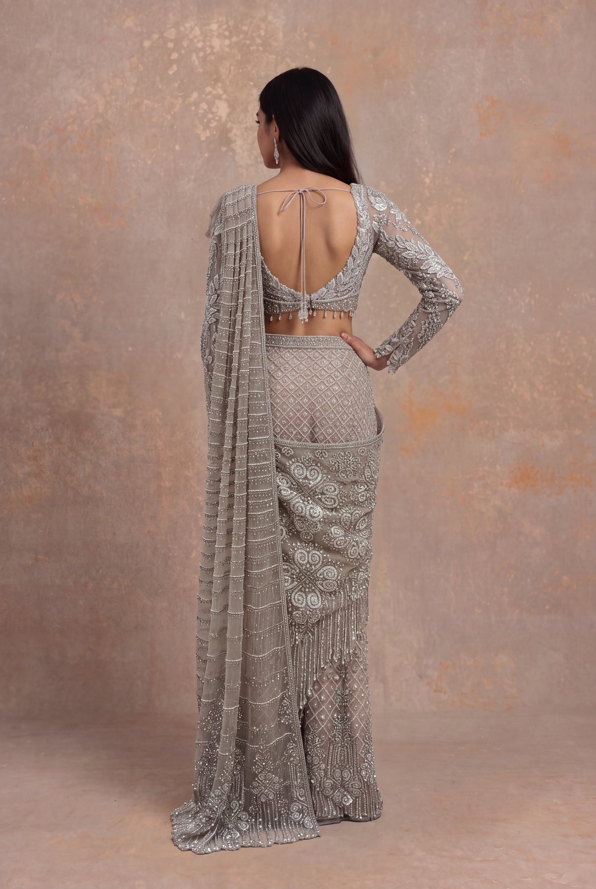 Rose Gold Embellished Net Pre-Draped Saree - Mokshaa