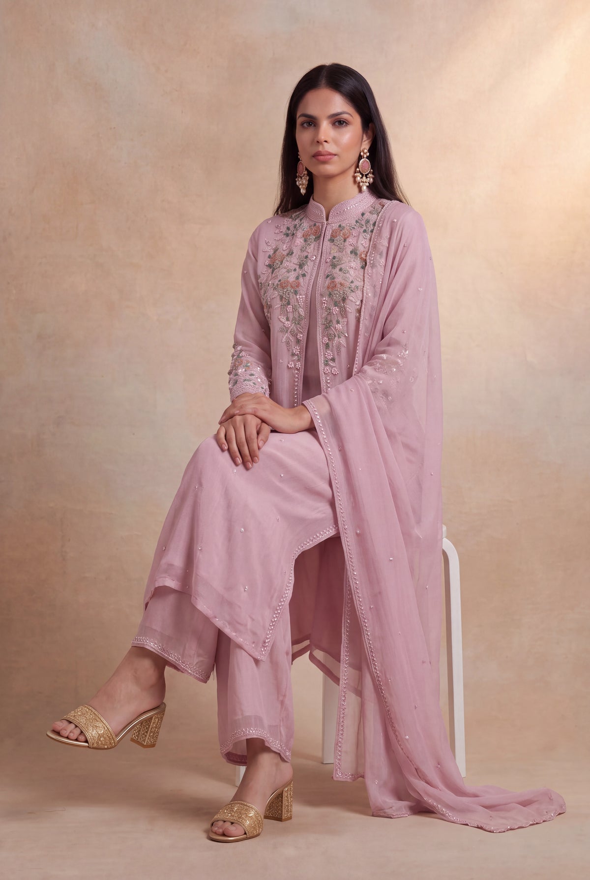 Dusty Pink Crepe Indo-Western Sharara Set - Mokshaa