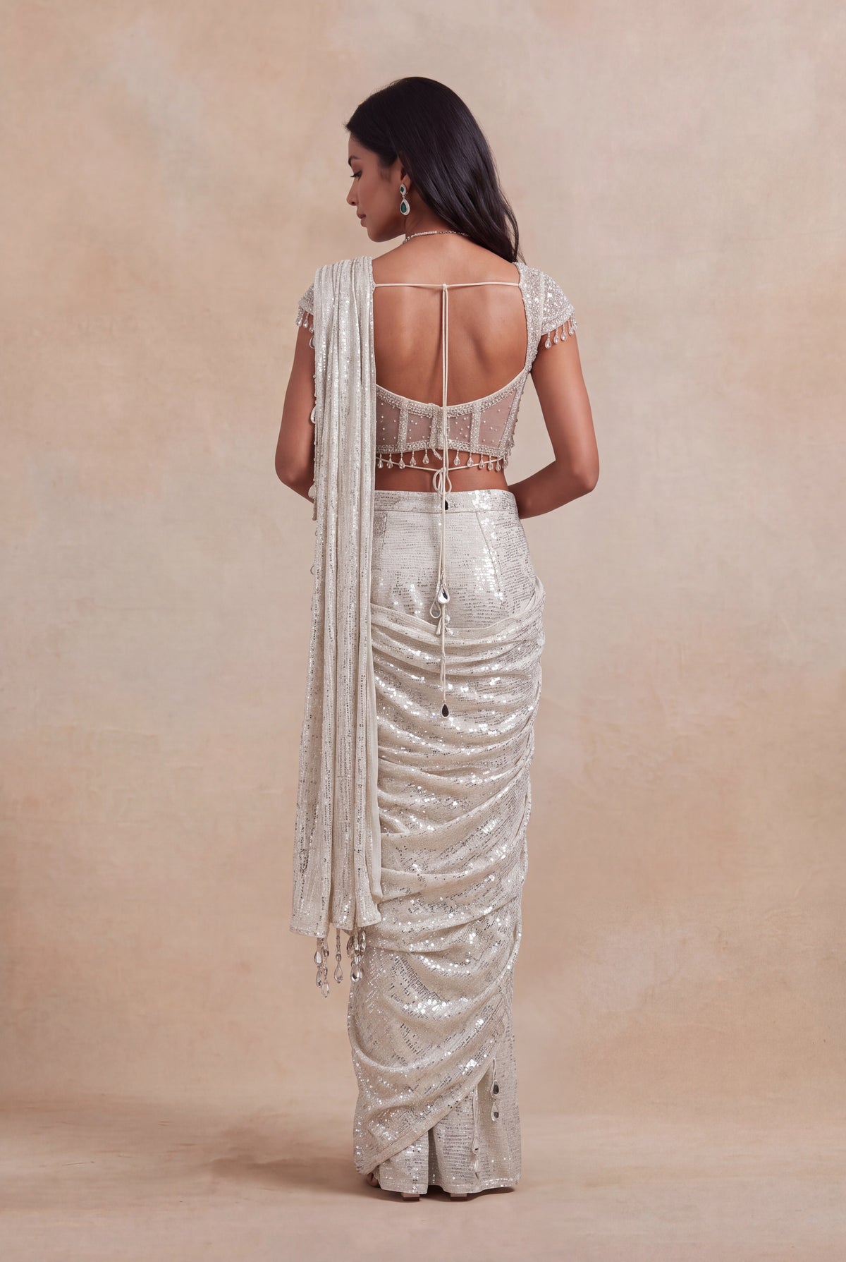 Ivory Net Drape Saree with Embellished Corset Blouse - Mokshaa