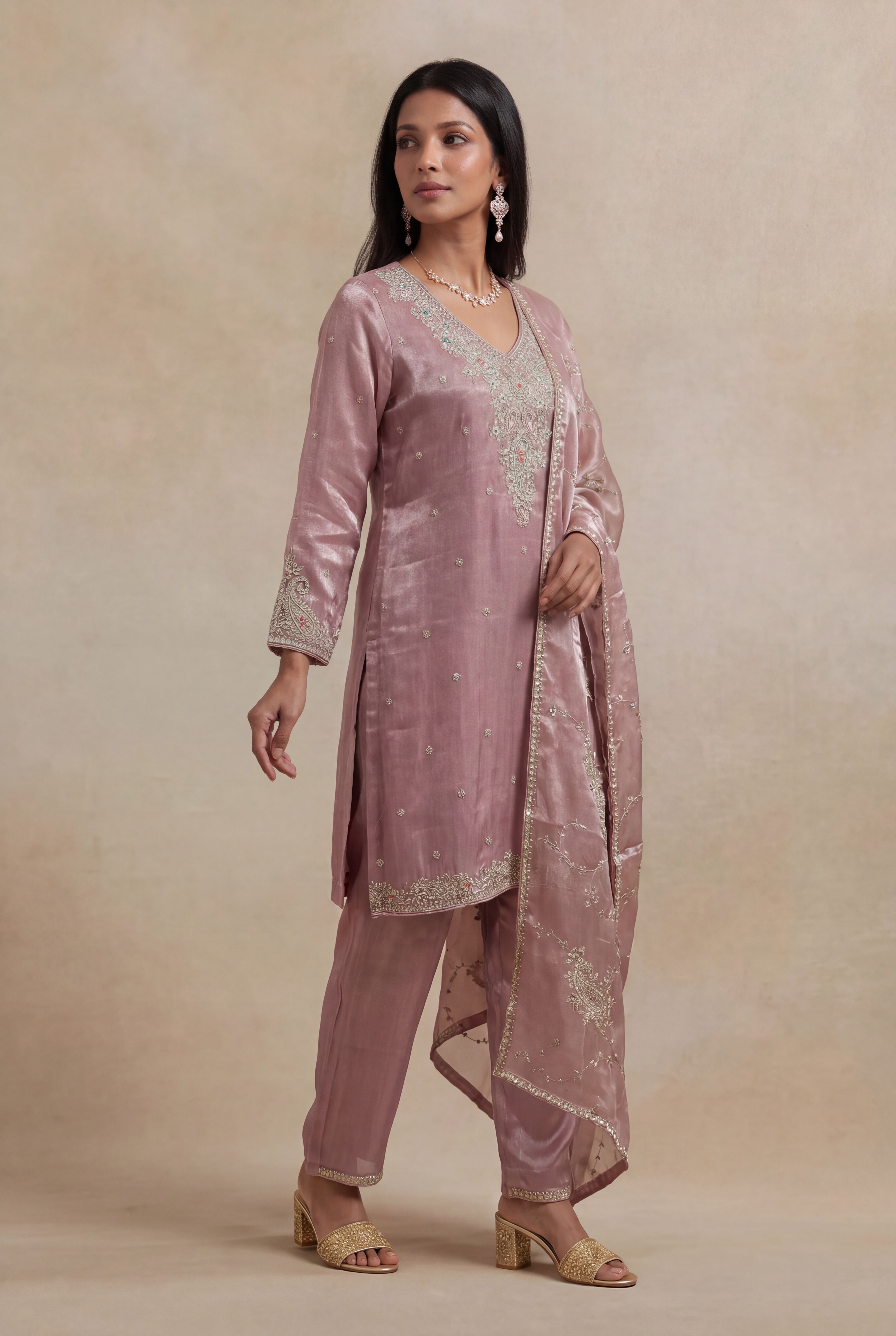 Lavender Tissue Short Kurta with Straight Pants
