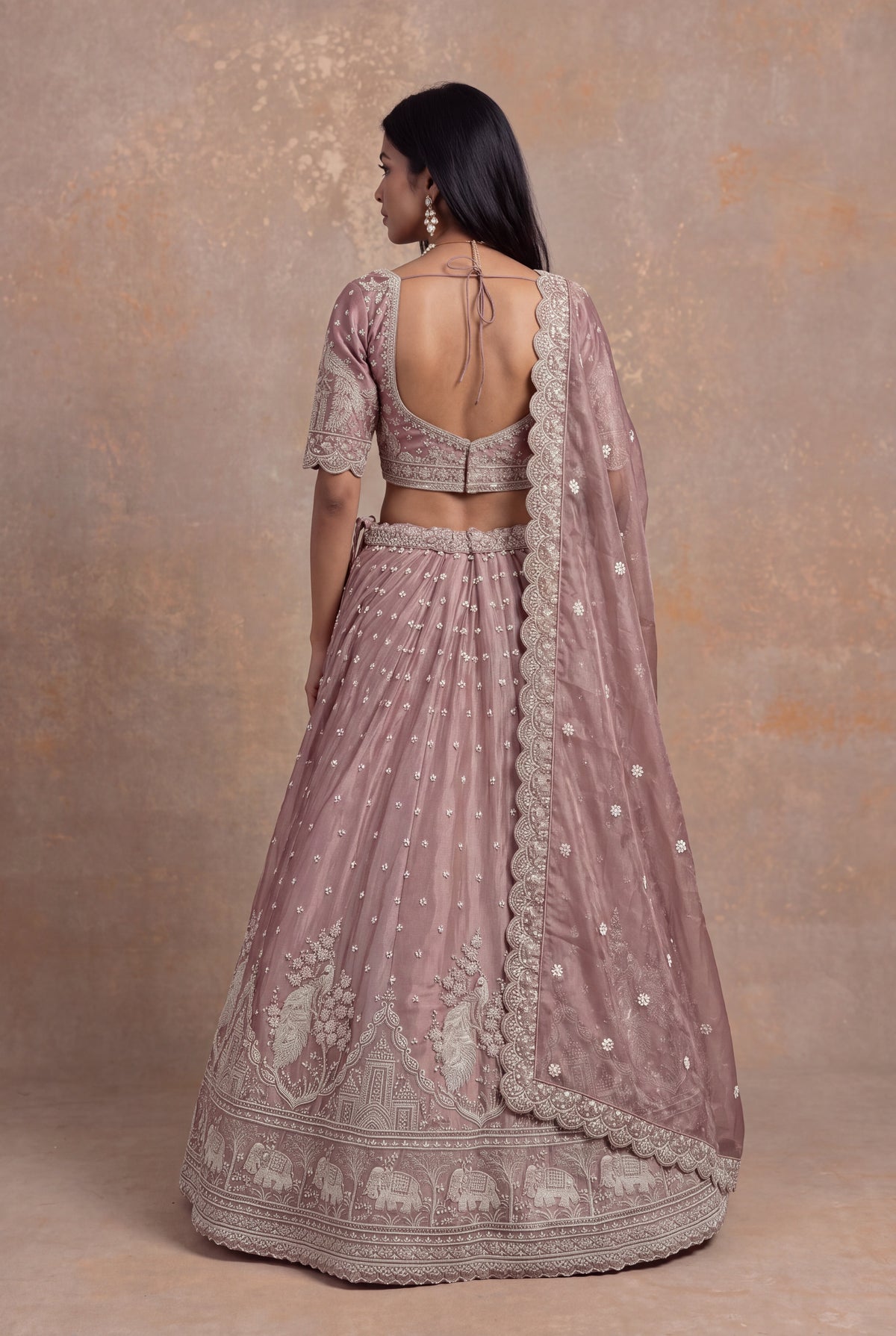 Dusty Rose Shimmer Organza Embroidered Lehenga - Mokshaa