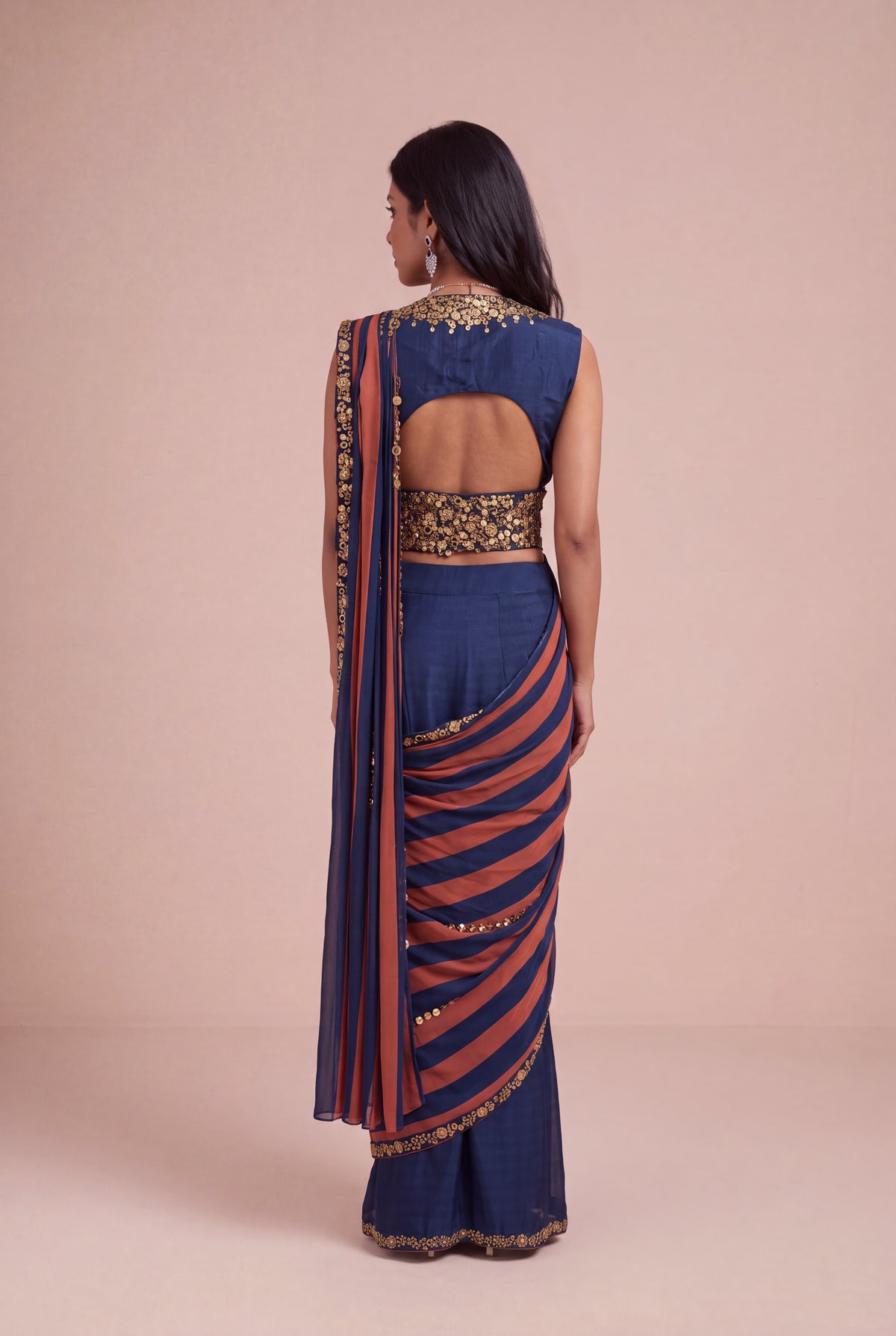 Navy Blue & Rust Satin Silk Pre-Draped Saree - Mokshaa