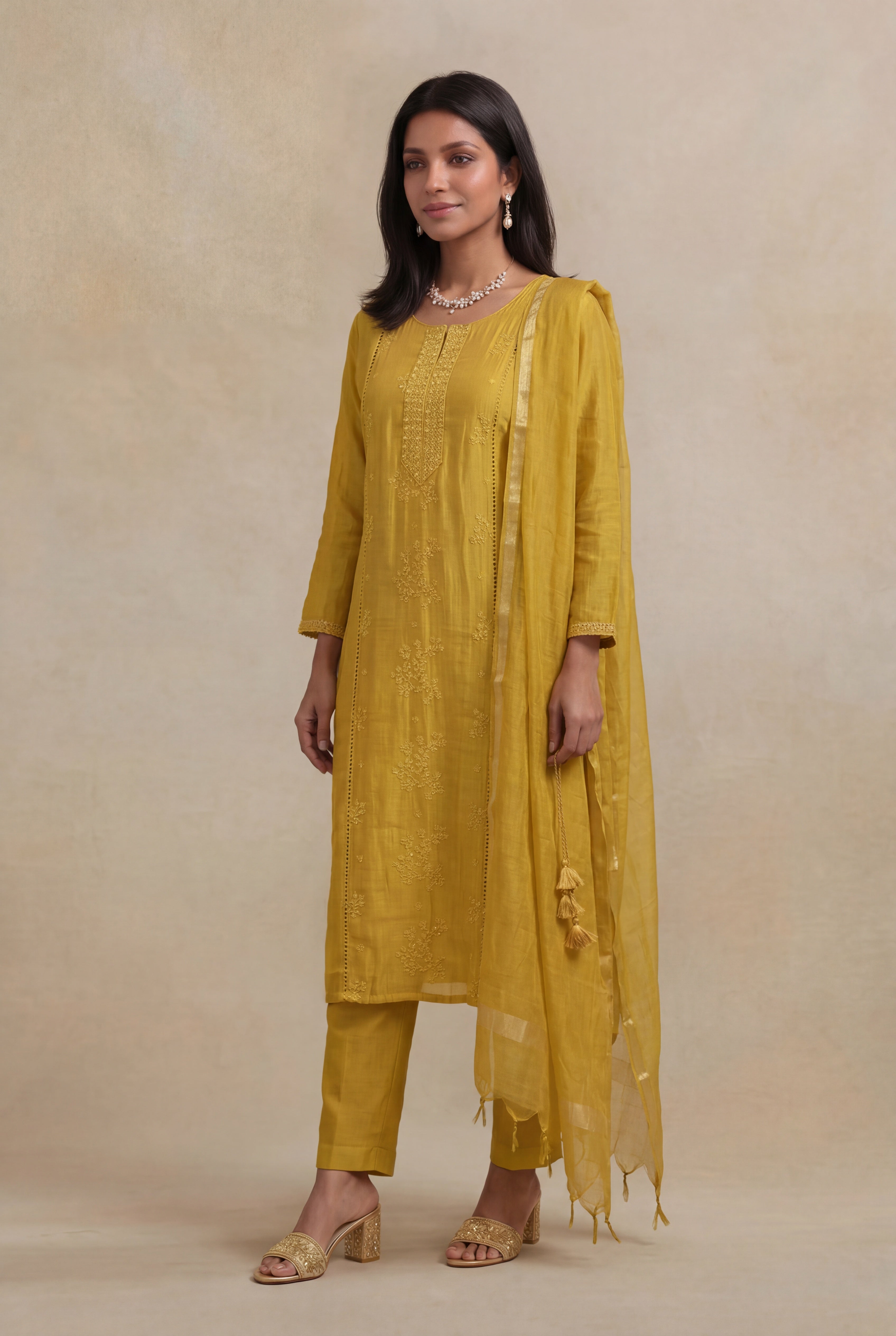 Mustard Yellow Mulmul Cotton Straight Cut Salwar Set