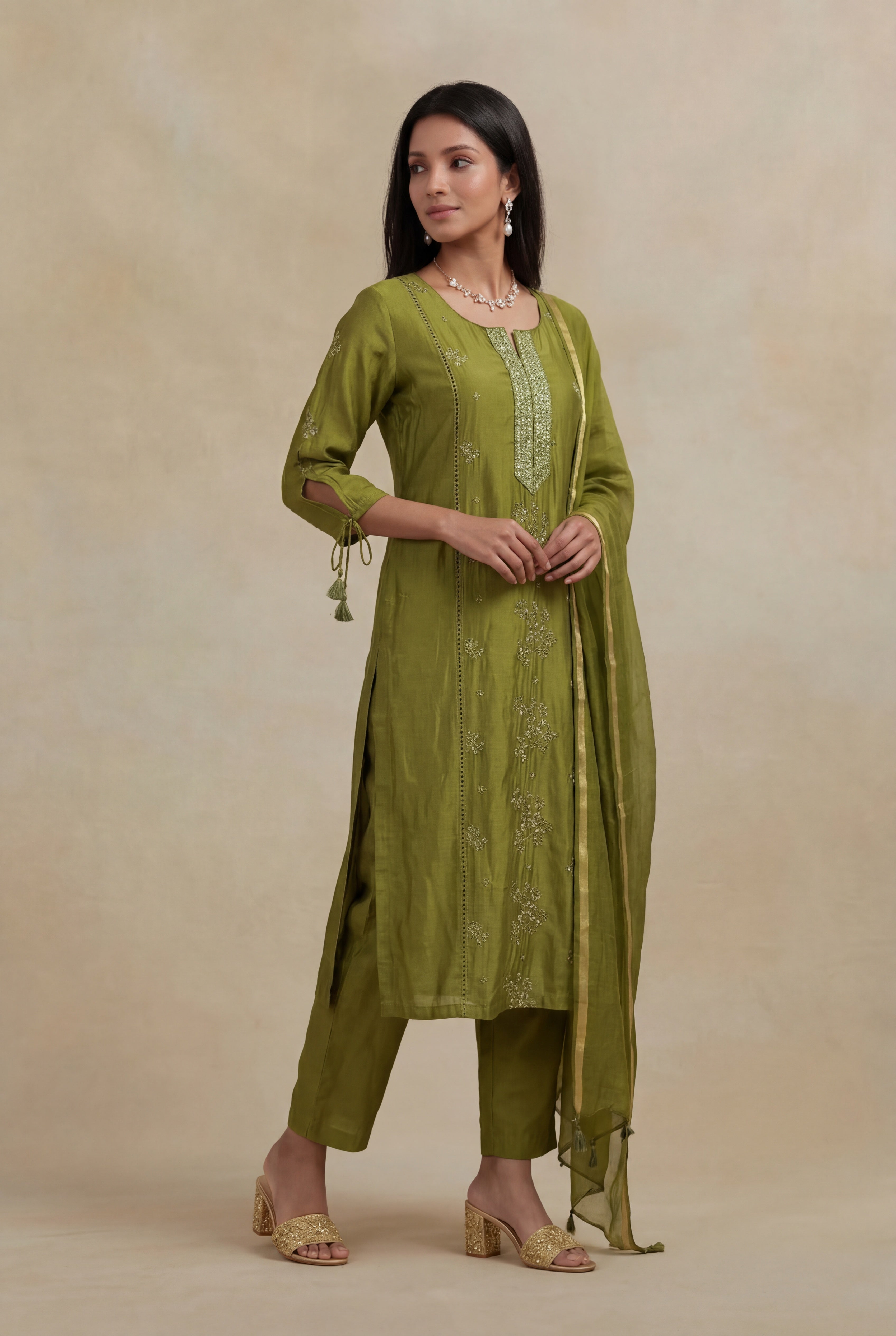 Olive Green Mulmul Cotton Straight Cut Salwar Set