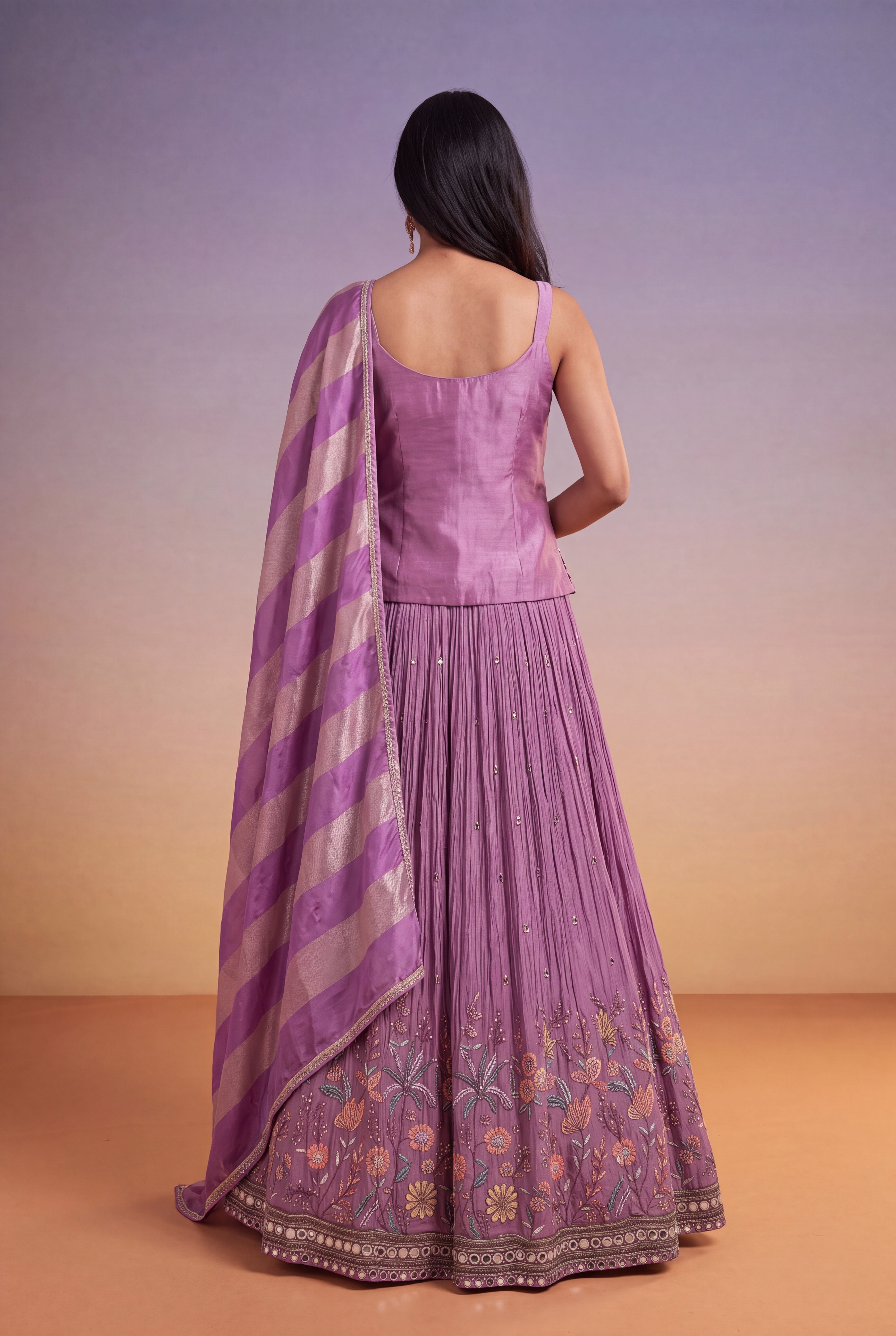 Mauve Crepe Lehenga with Floral Thread Embroidery & Mirror Work
