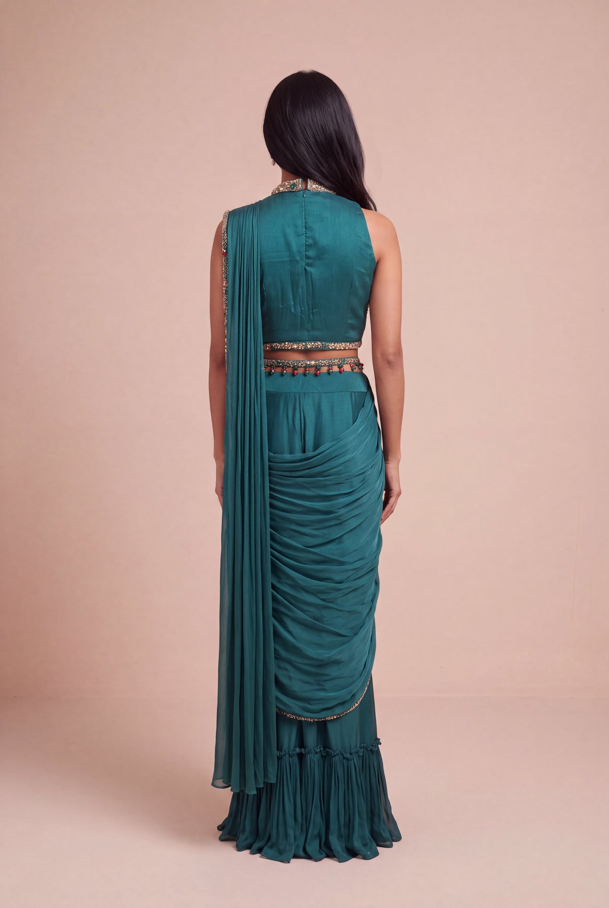 Emerald Green Draped Saree with Jewel-Embroidered Halter Blouse - Mokshaa