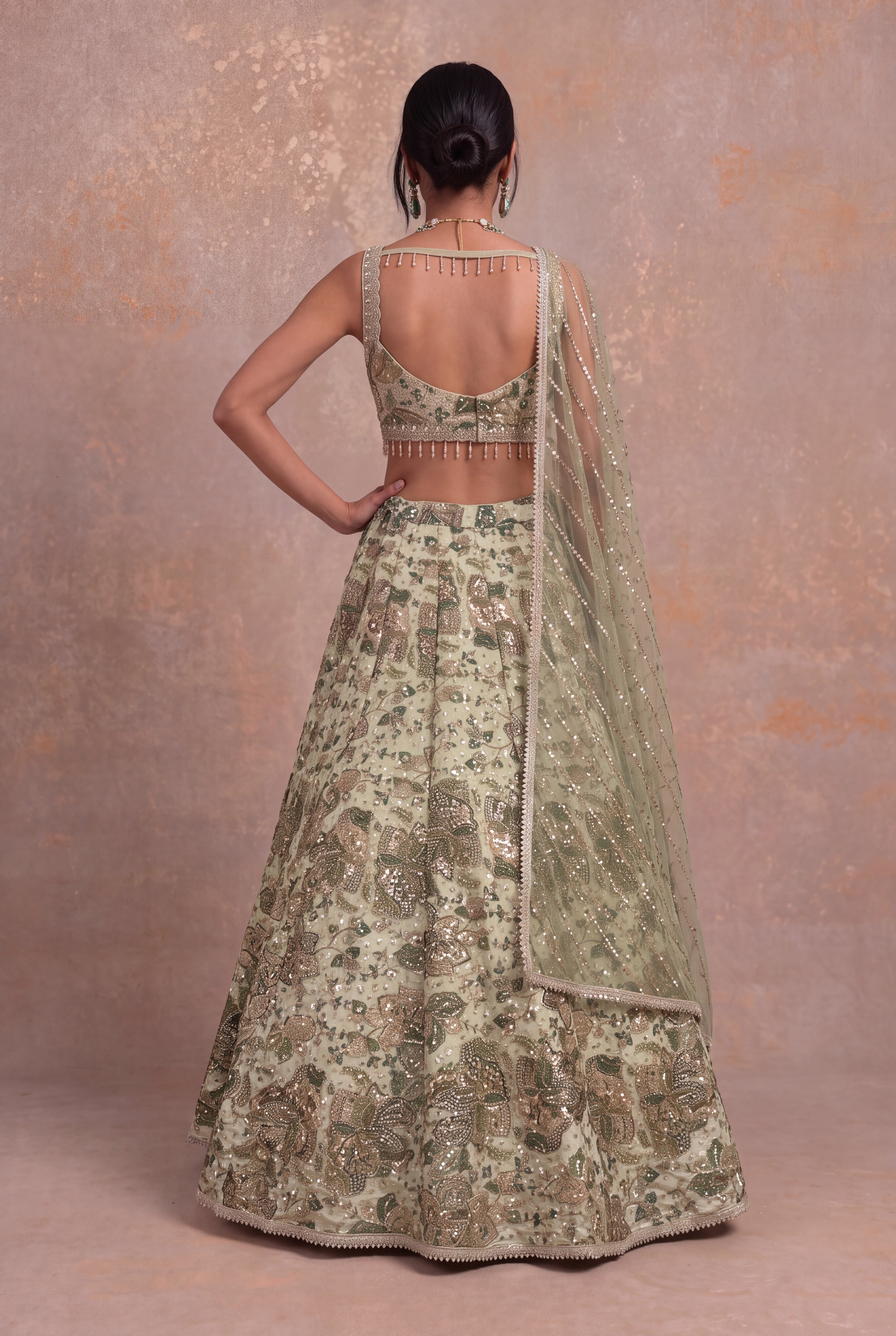 Pistachio Green Crepe Lehenga with Zari, Sequin & Stone Floral Embroidery
