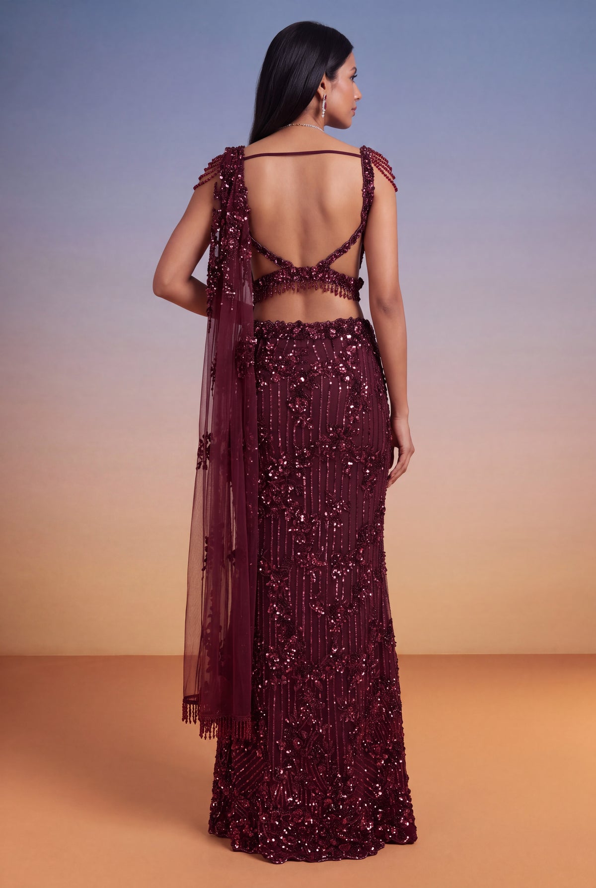 Wine Net Fish-Cut Indo-Western Drape Saree - Mokshaa