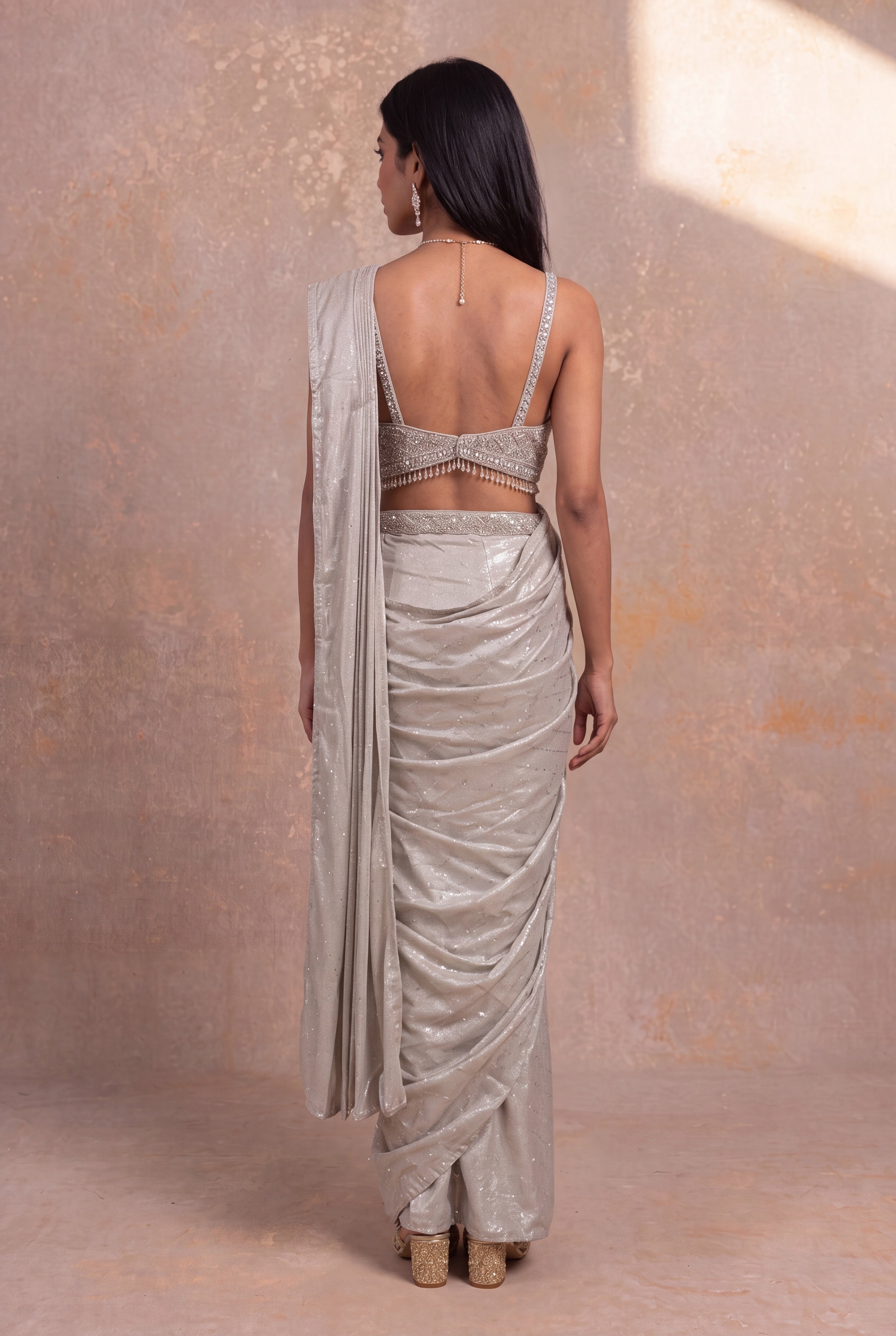 Silver Shimmer Pre-Draped Saree