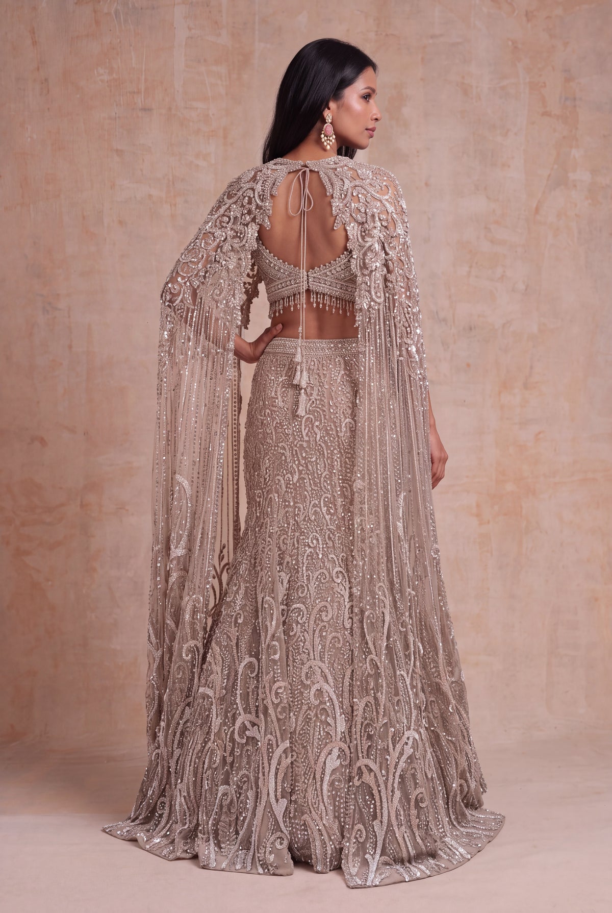 Taupe Net Fish-Cut Lehenga - Mokshaa