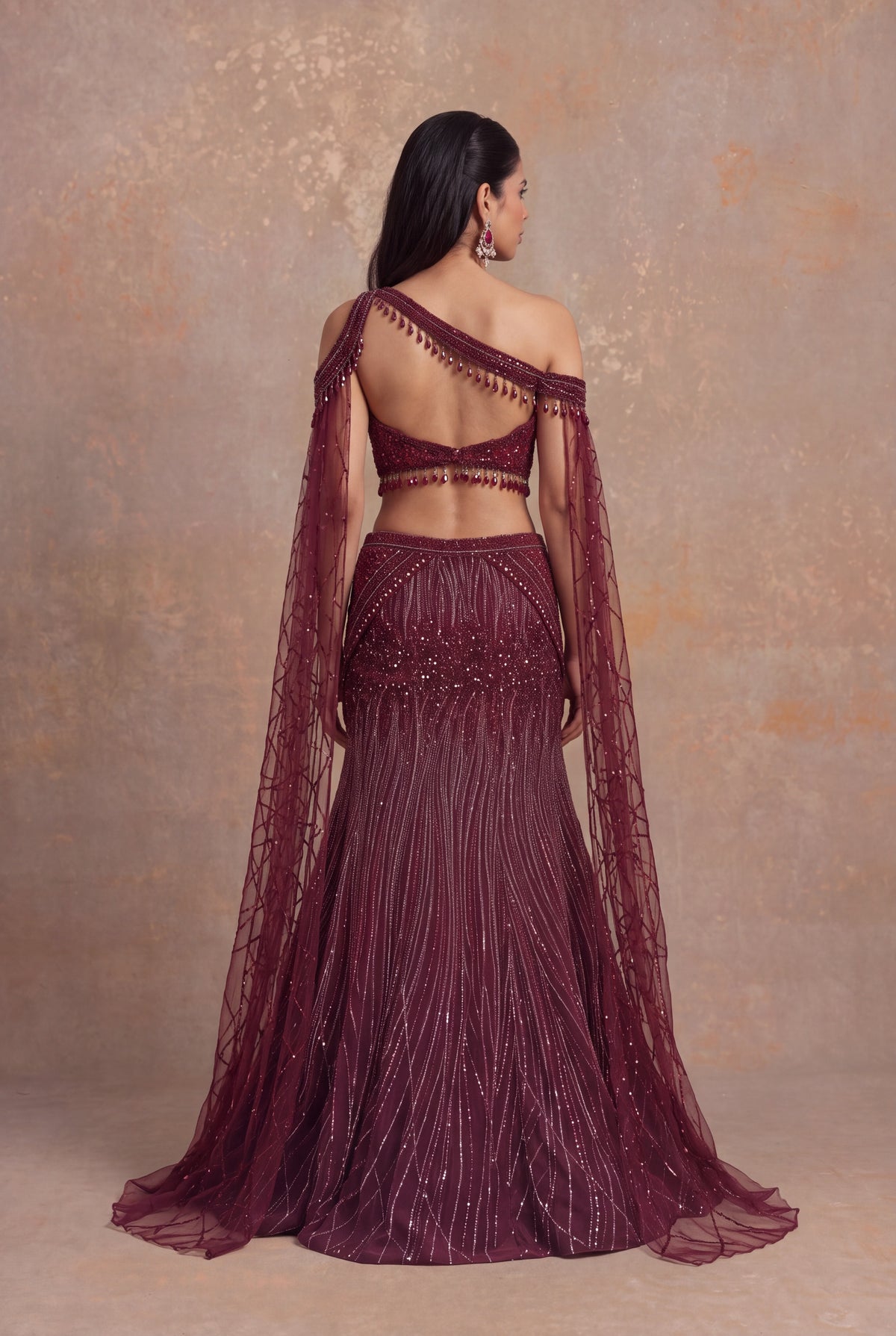 Maroon Net Lehenga with Sequin, Cutdana and Bead Embroidery - Mokshaa