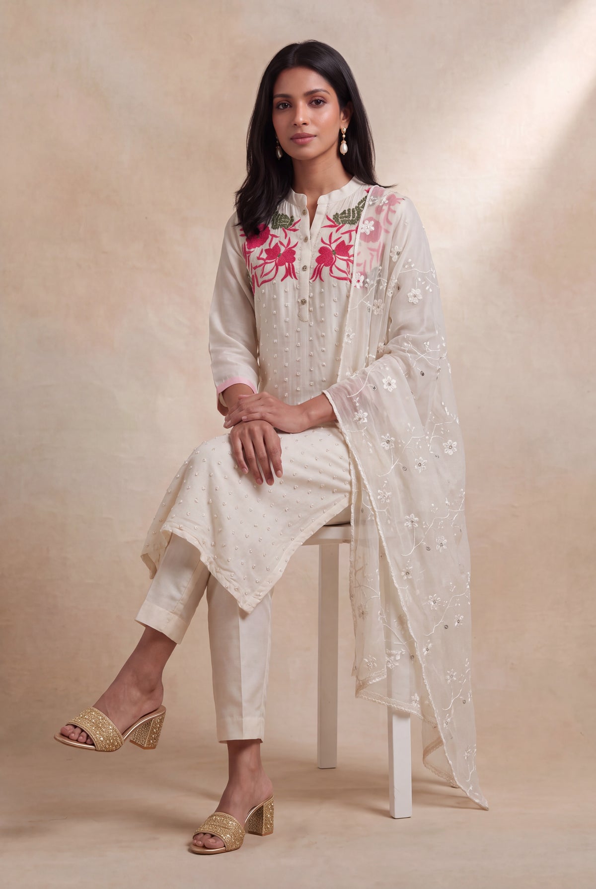 Ivory Silk Straight-Cut Salwar Set - Mokshaa