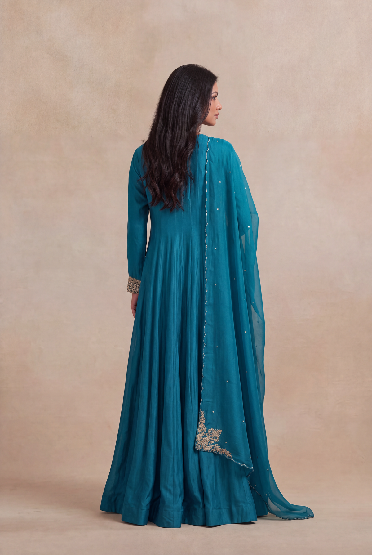 Teal Blue Chinon Silk Anarkali - Mokshaa
