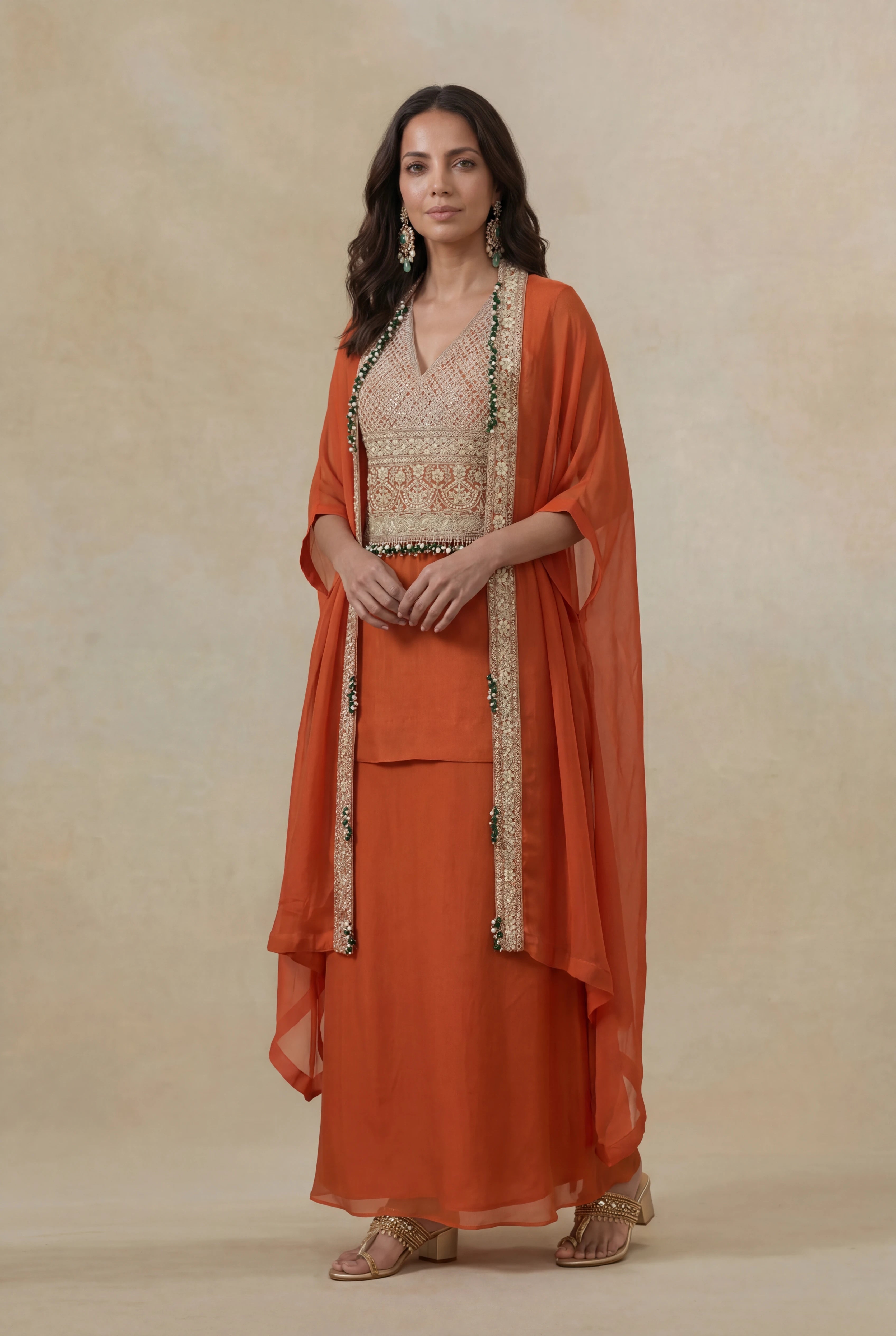 Orange Organza Silk Indo-Western Set