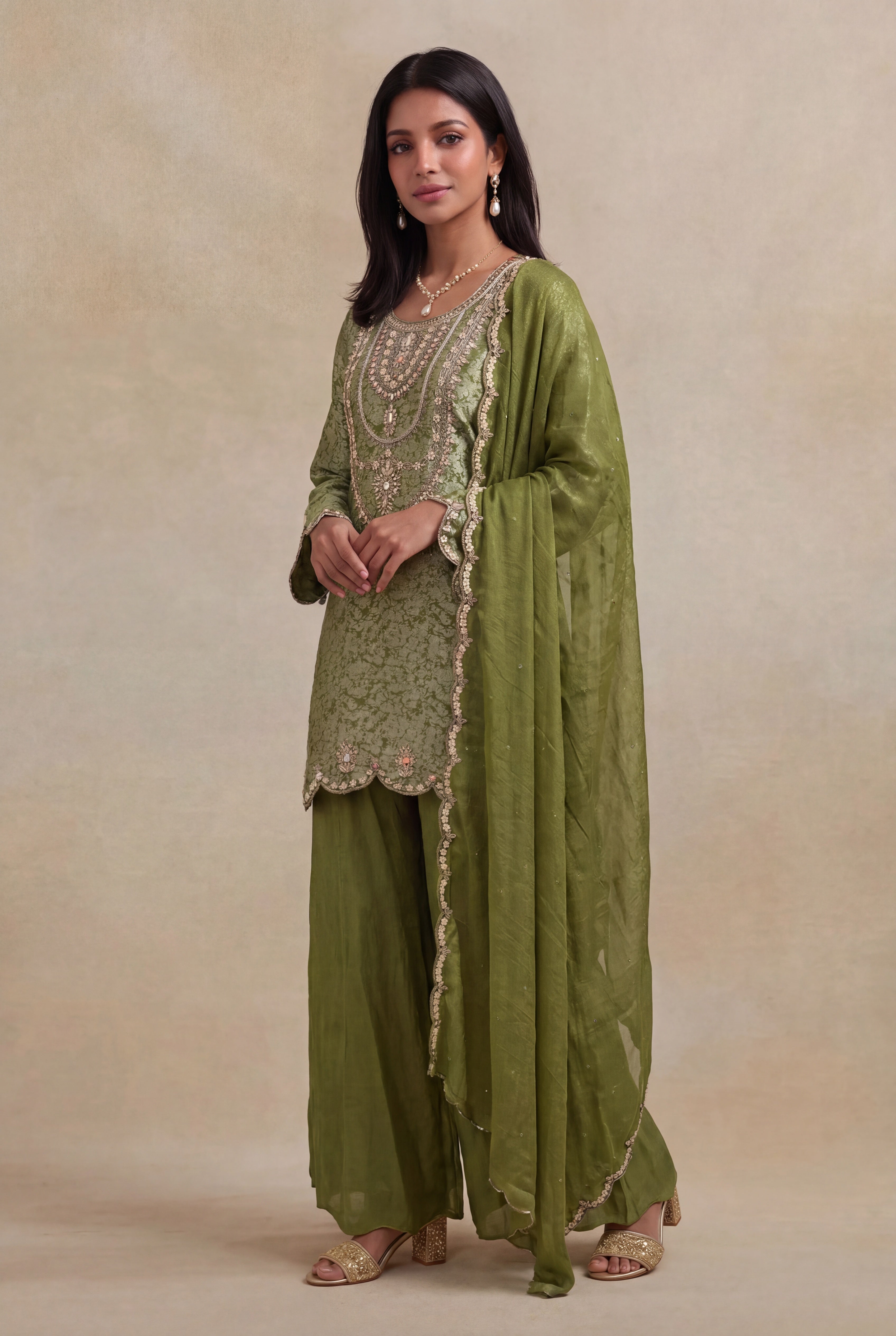 Parrot Green Tissue Short Kurta Sharara Set