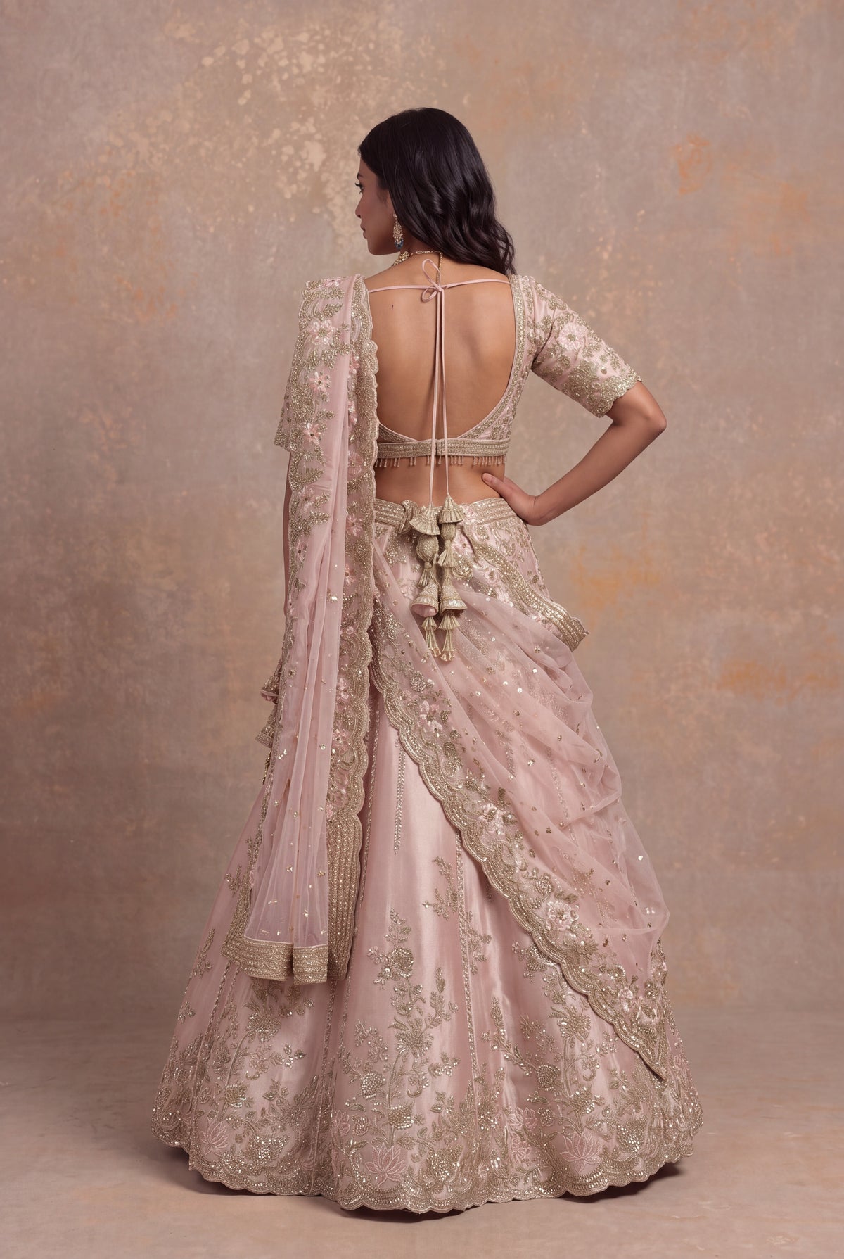 Baby Pink Tissue Silk Lehenga Set with Thread and Zardozi Work - Mokshaa