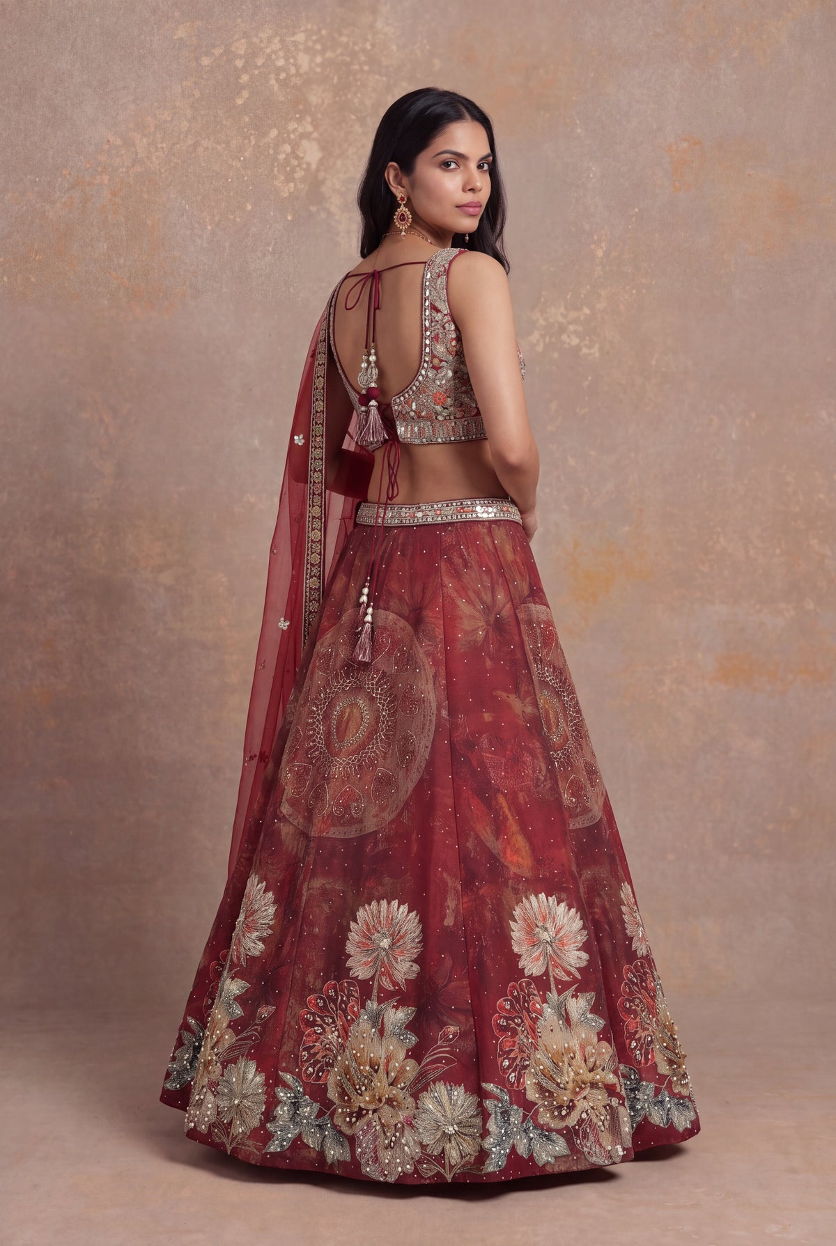 Deep Red Printed Silk Lehenga Set with Mirror Work - Mokshaa