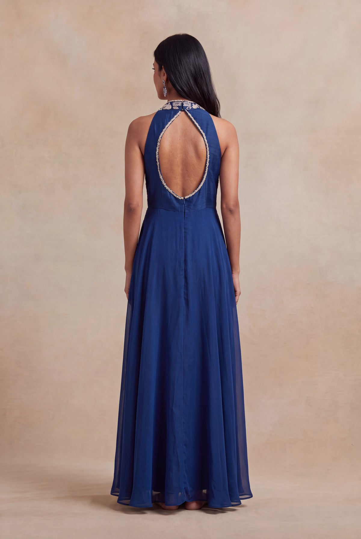 Navy Blue Satin Silk Gown - Mokshaa