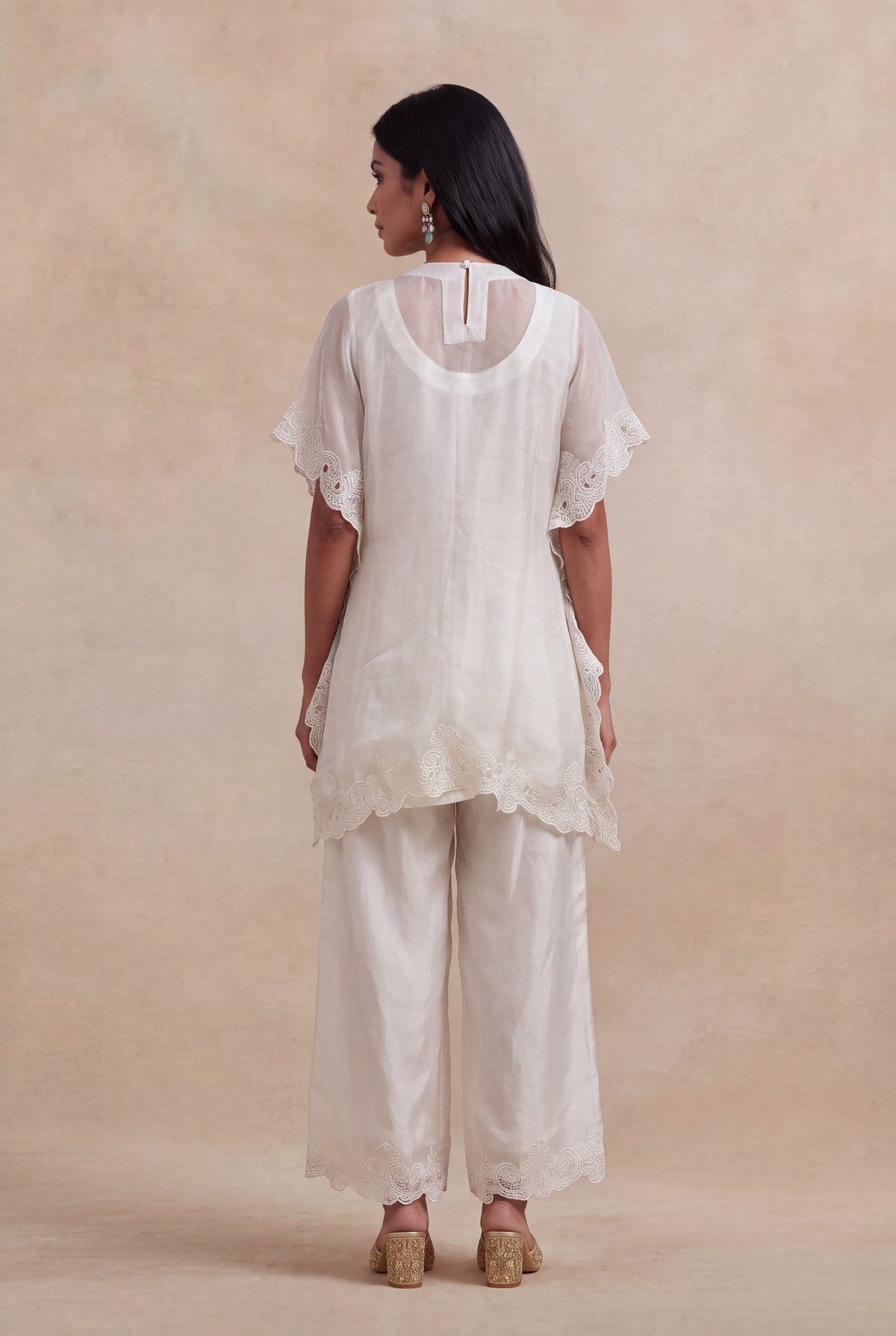 Ivory Organza Kaftan with Floral Thread Embroidery - Mokshaa