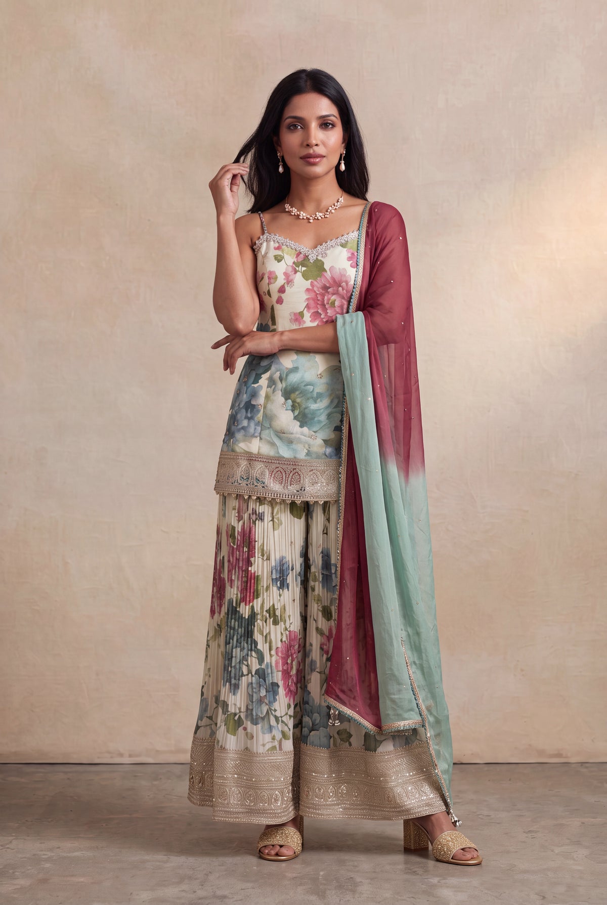 Ivory Floral Printed Tissue Sharara Set with Zari Border - Mokshaa