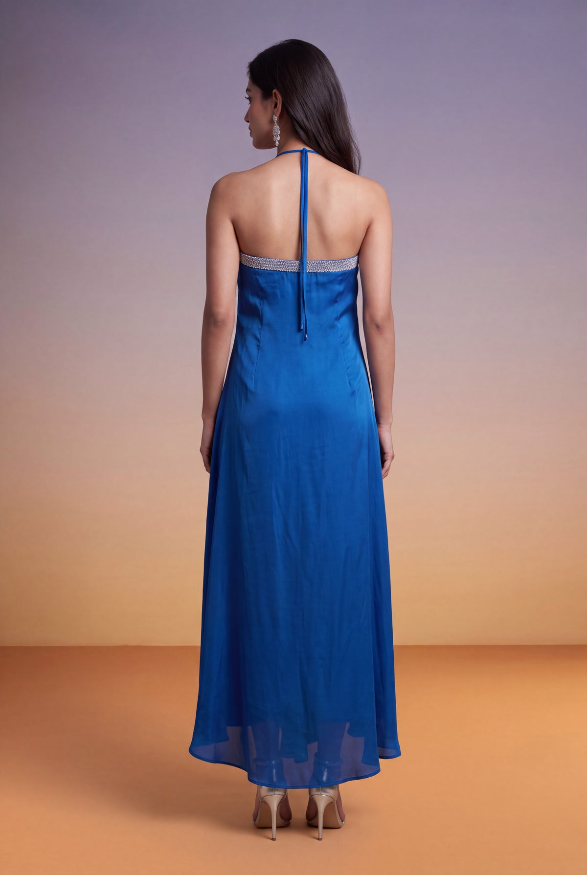 Blue & Teal Draped Halter-Neck Indo-Western Dress - Mokshaa