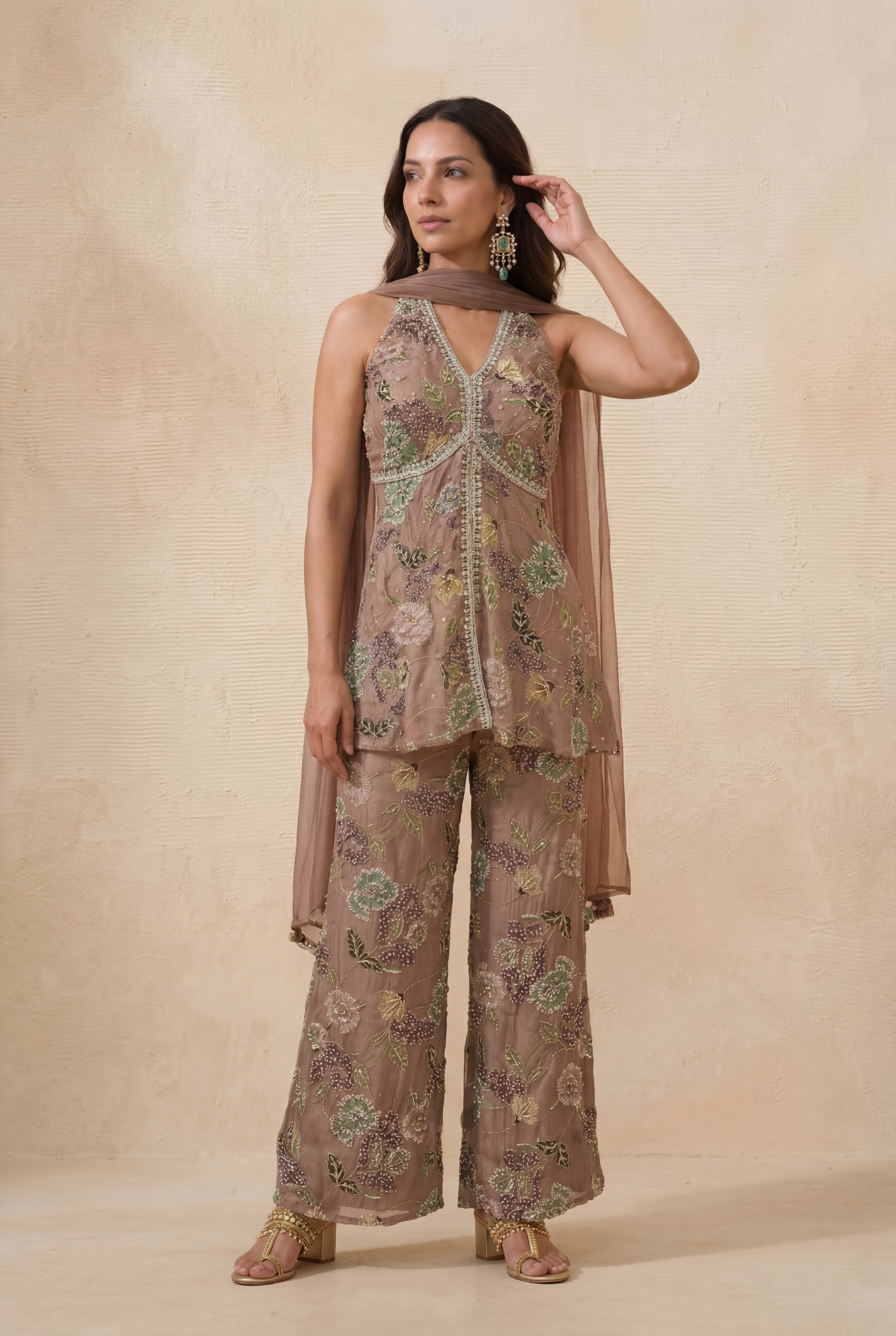 Mauve Floral Crepe Indo-Western Set
