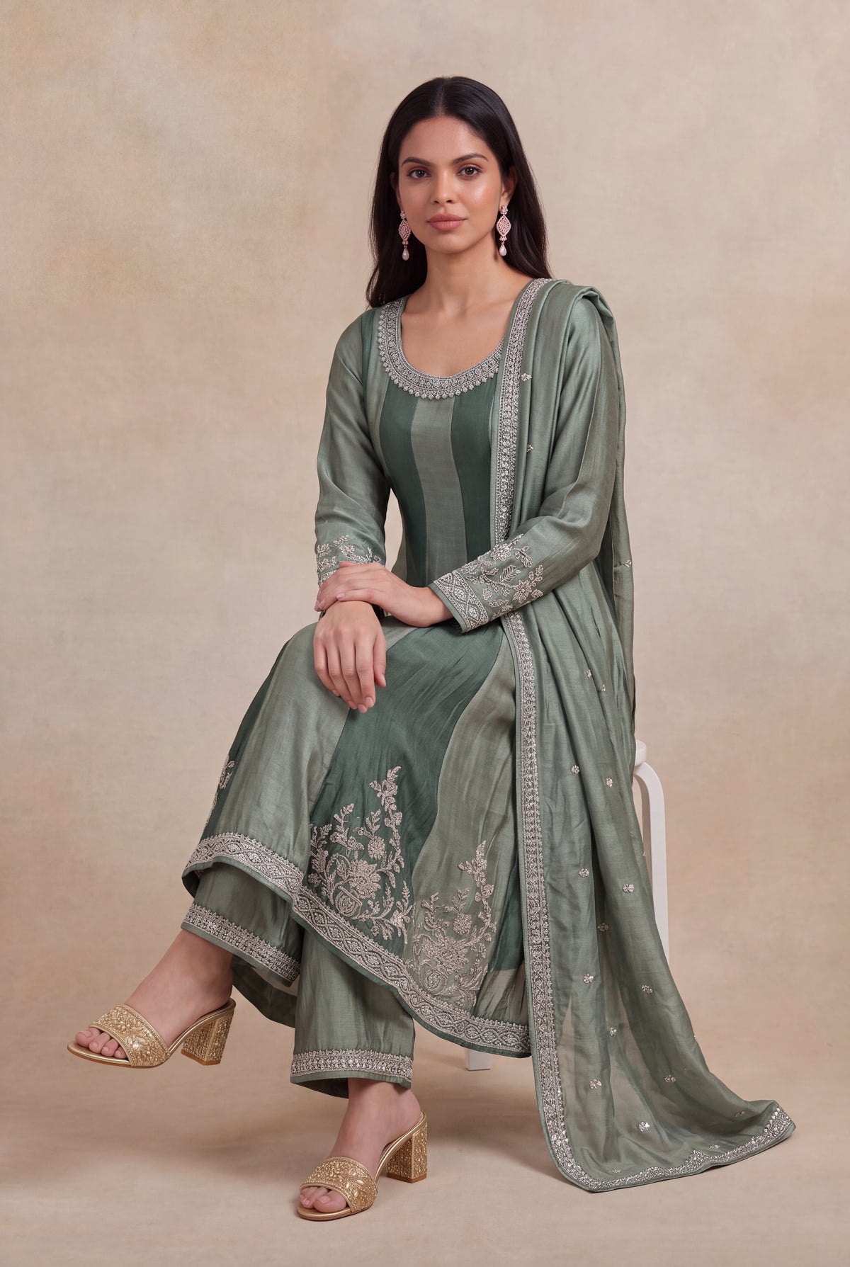 Sage Green Raw Silk Anarkali Set - Mokshaa