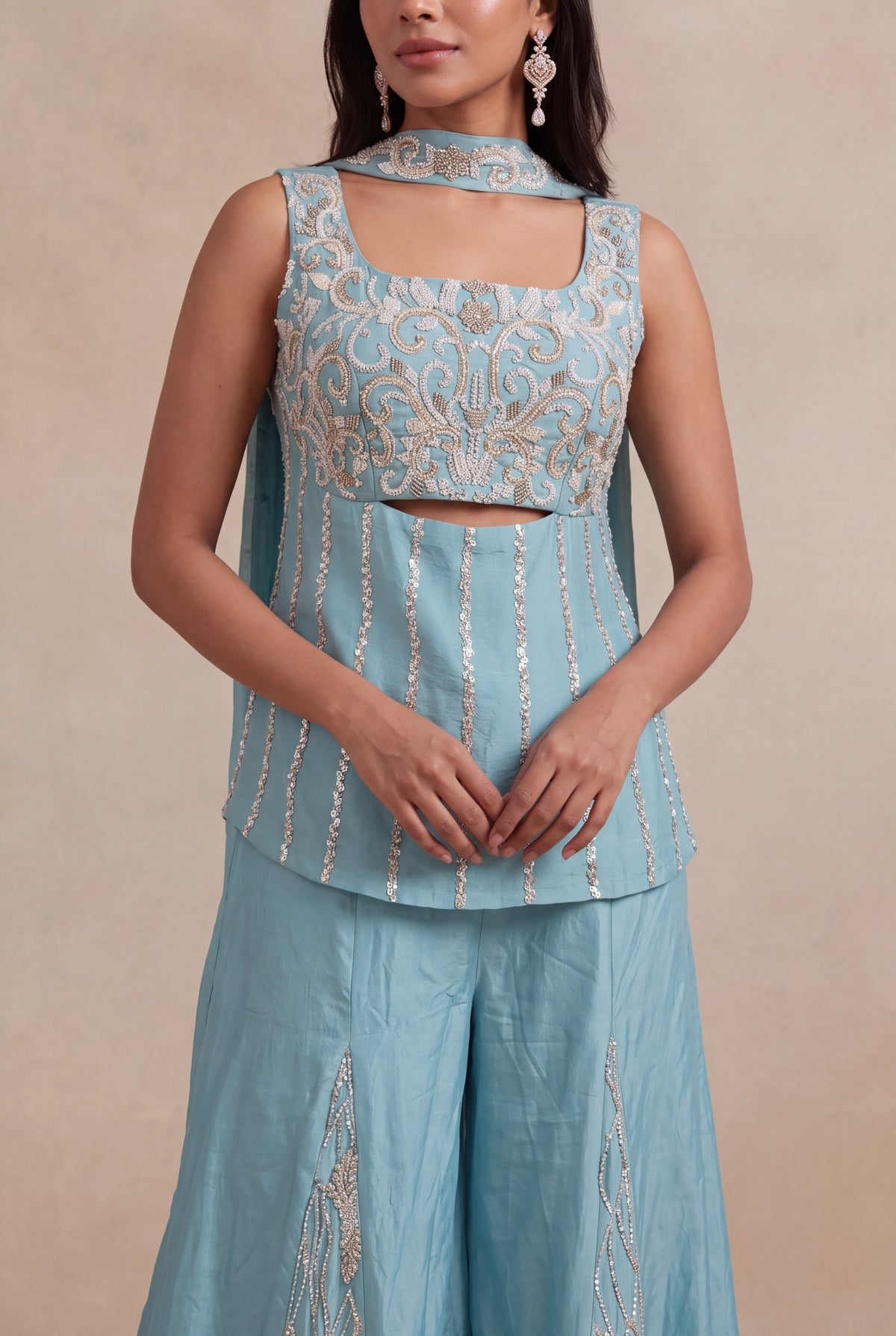 Powder Blue Crepe Palazzo Set with Sequins & Katdana Work - Mokshaa