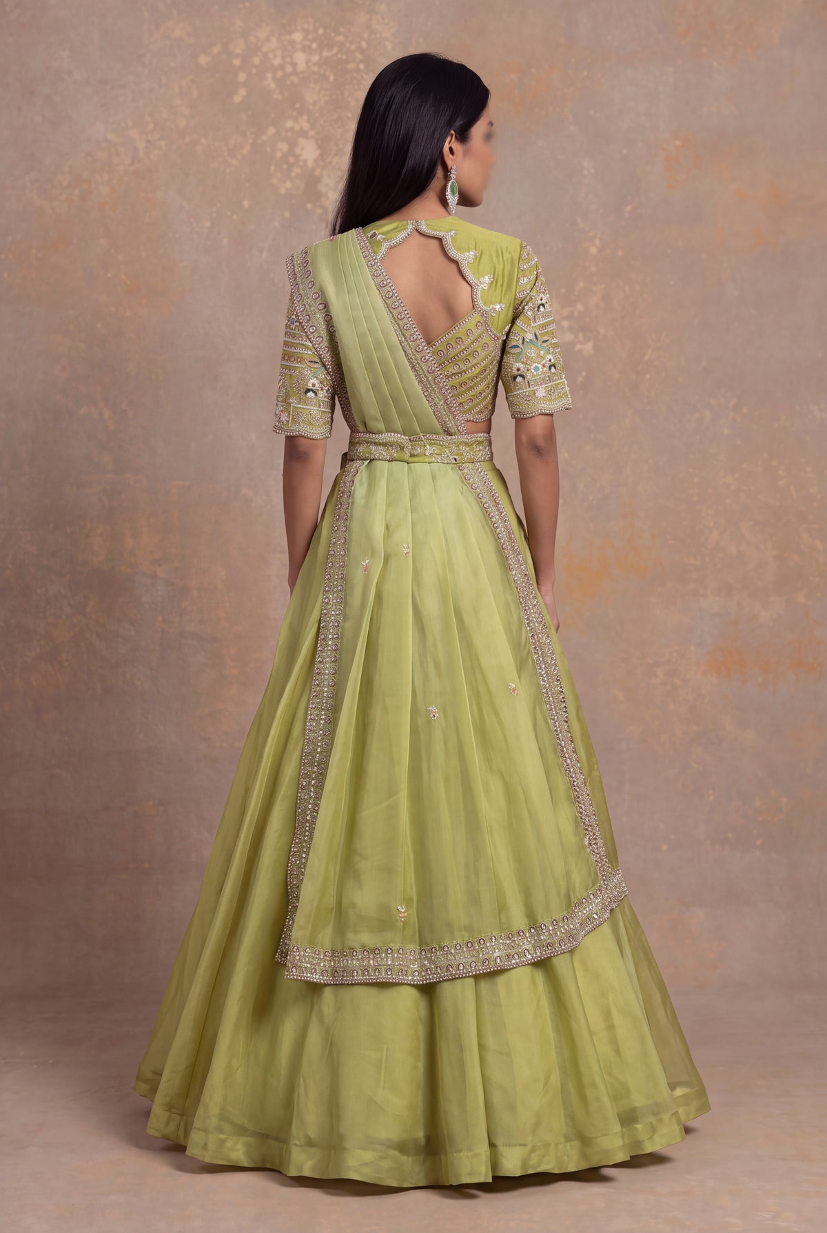 Pastel Green Organza Draped Lehenga - Mokshaa