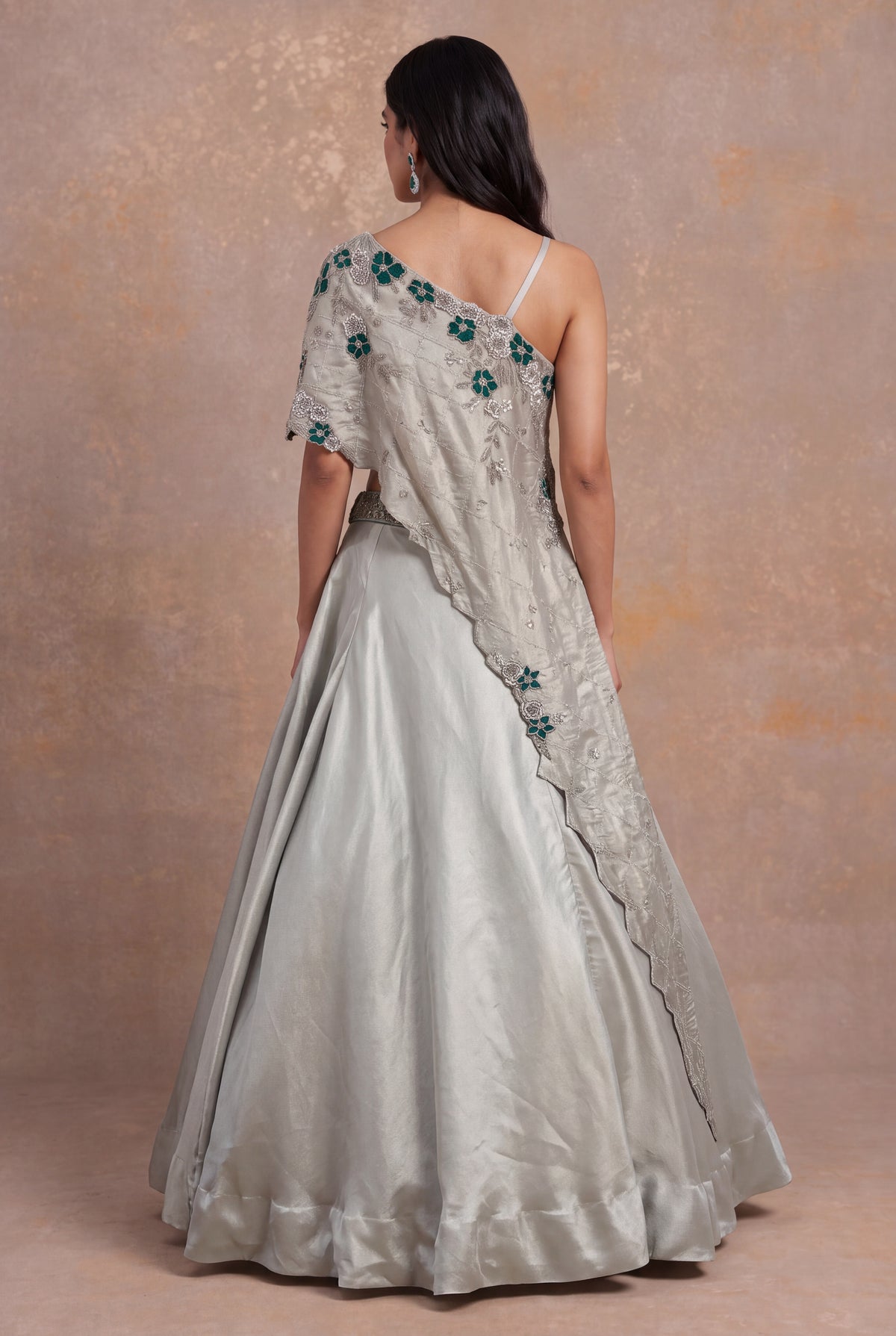 Silver Grey Lehenga with Sequin and Cutdana Floral Embroidery - Mokshaa