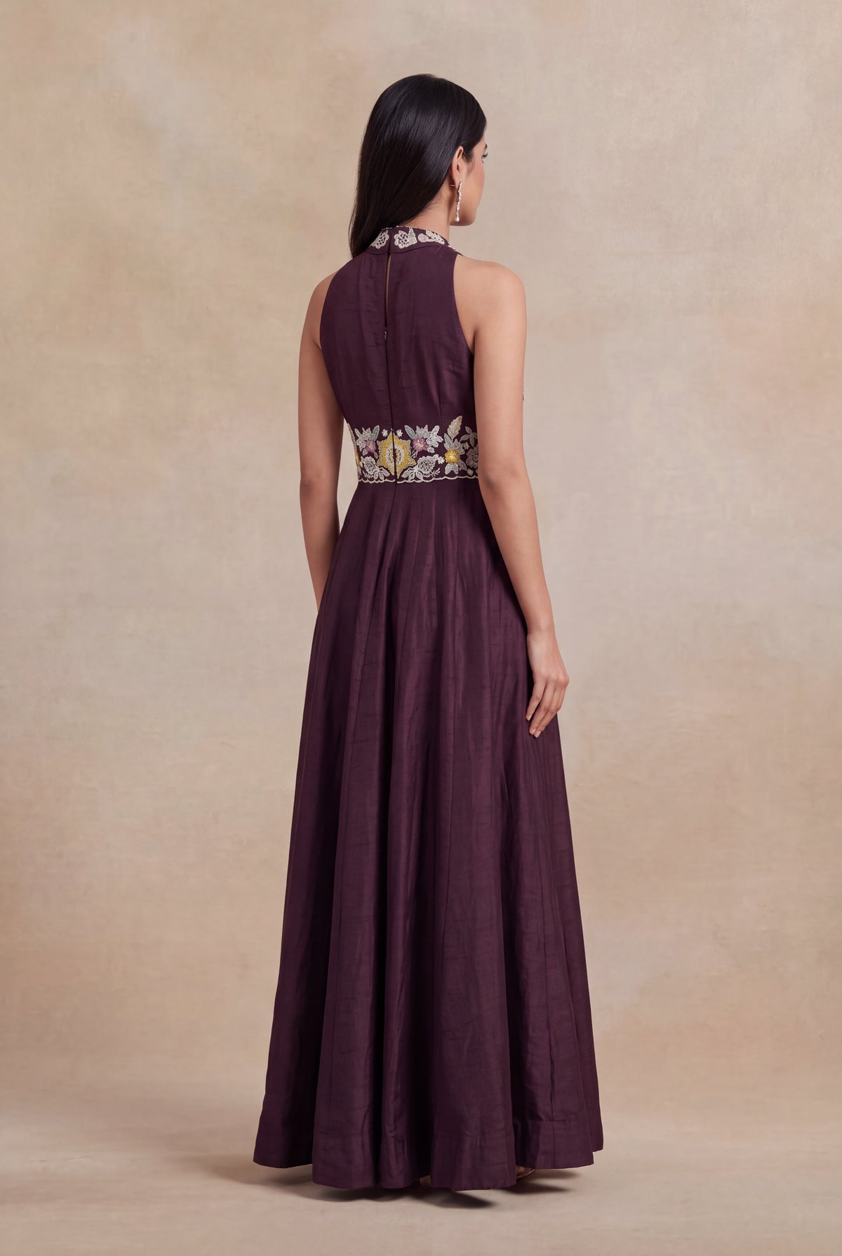 Wine Raw Silk Floral Embroidered Western Gown - Mokshaa