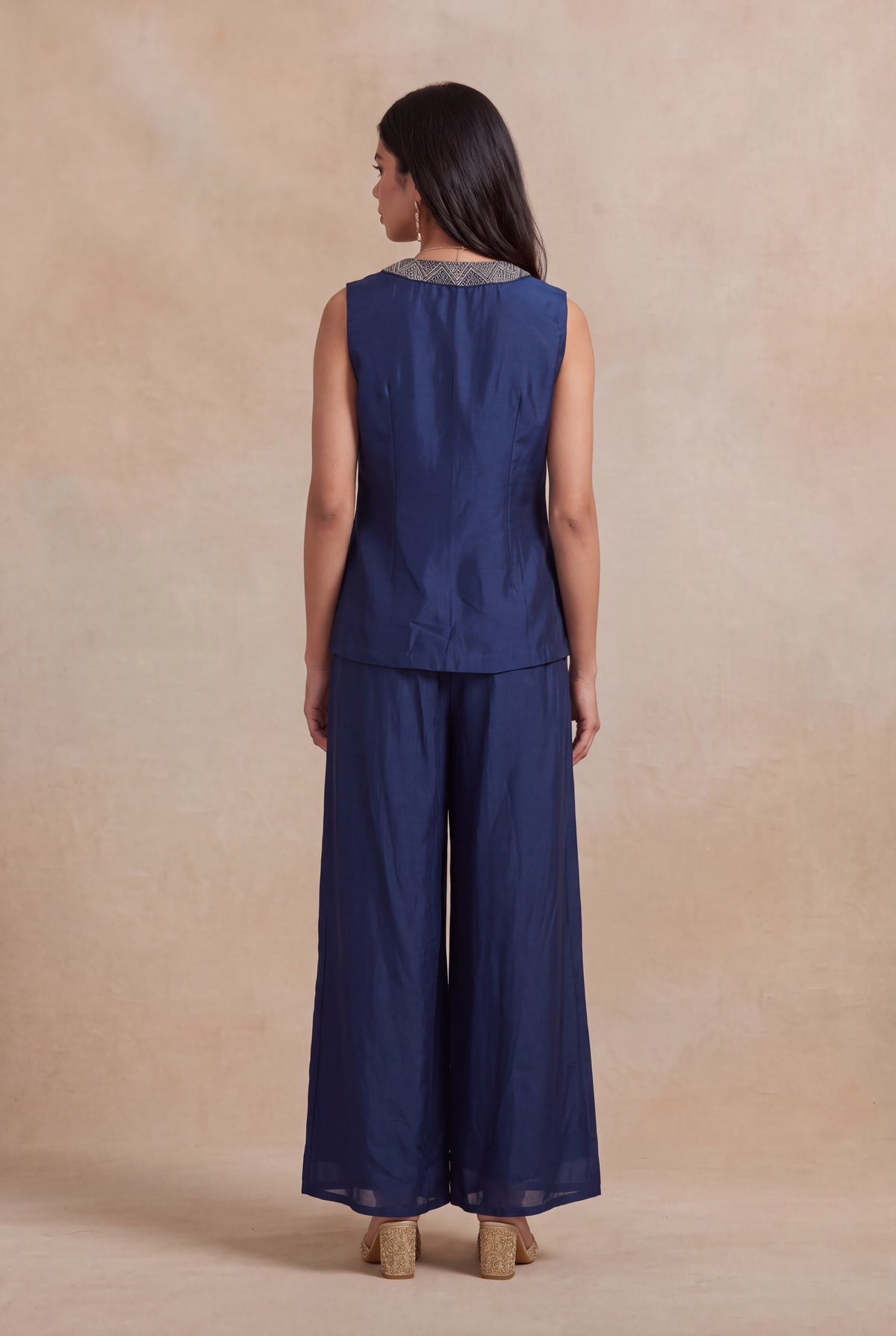 Navy Blue Silk Indo-Western Palazzo Set - Mokshaa