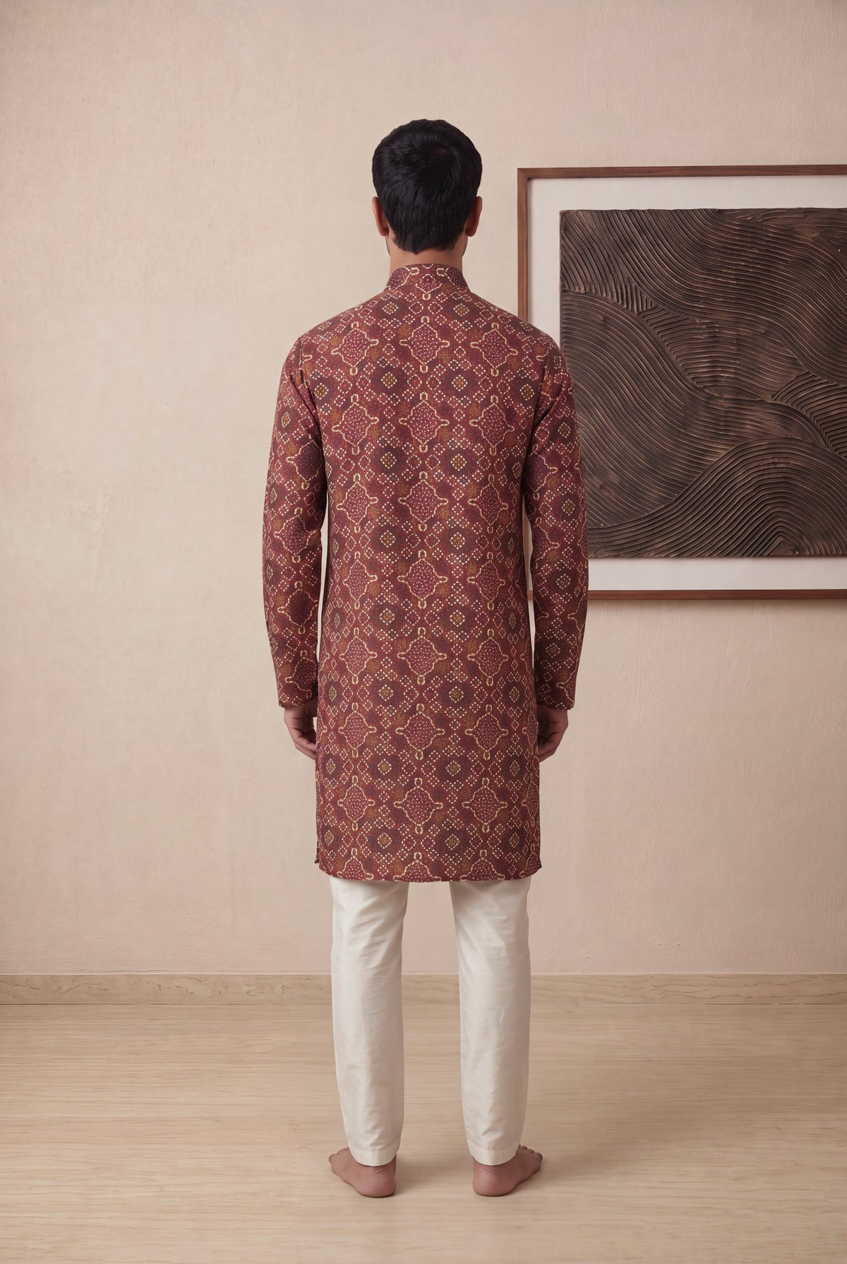 Maroon Chanderi Silk Bandhani Kurta Pant Set - Mokshaa