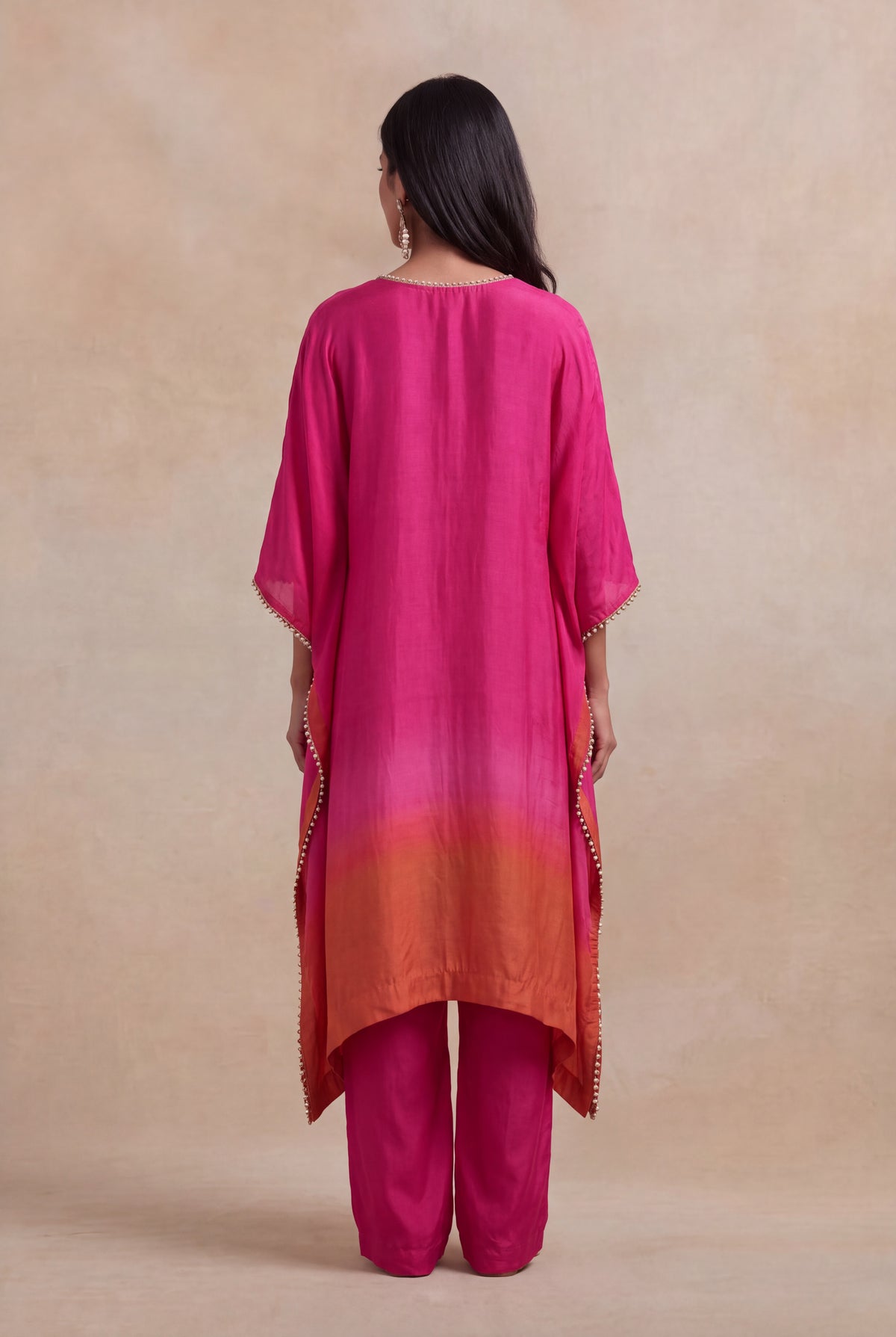 Pink & Orange Raw Silk Embellished Kaftan Set - Mokshaa
