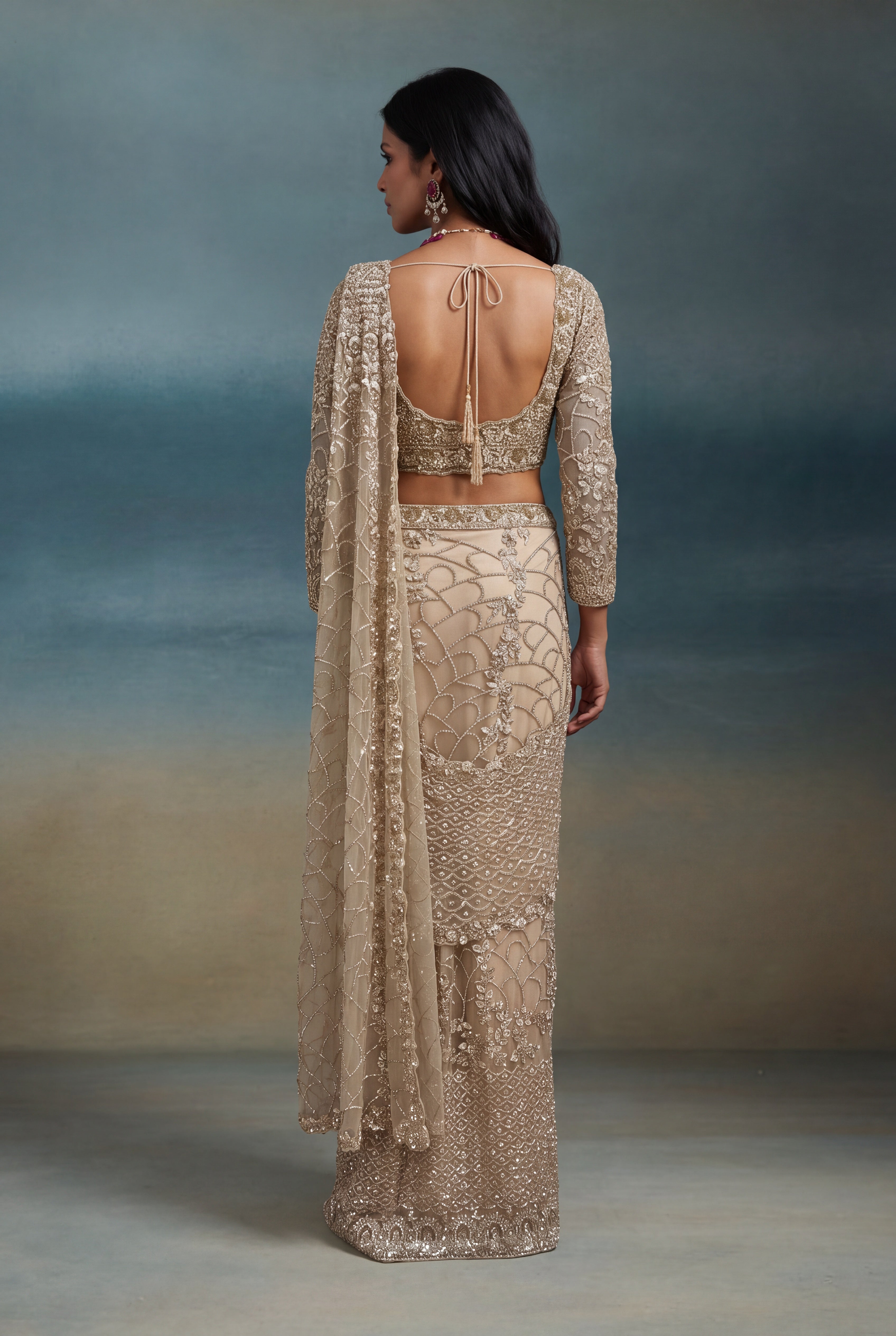 Gold Net Saree with Sequin & Kutdana Embroidery