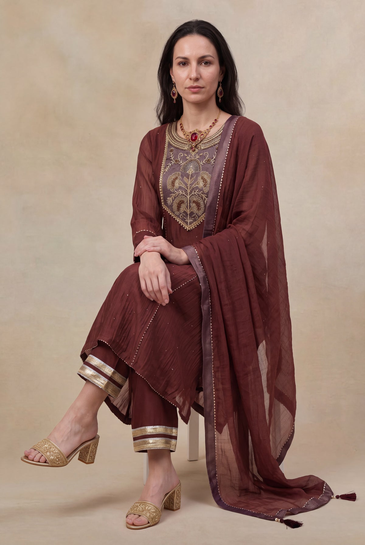 Wine Mul Cotton Zardosi A-Line Salwar Set - Mokshaa