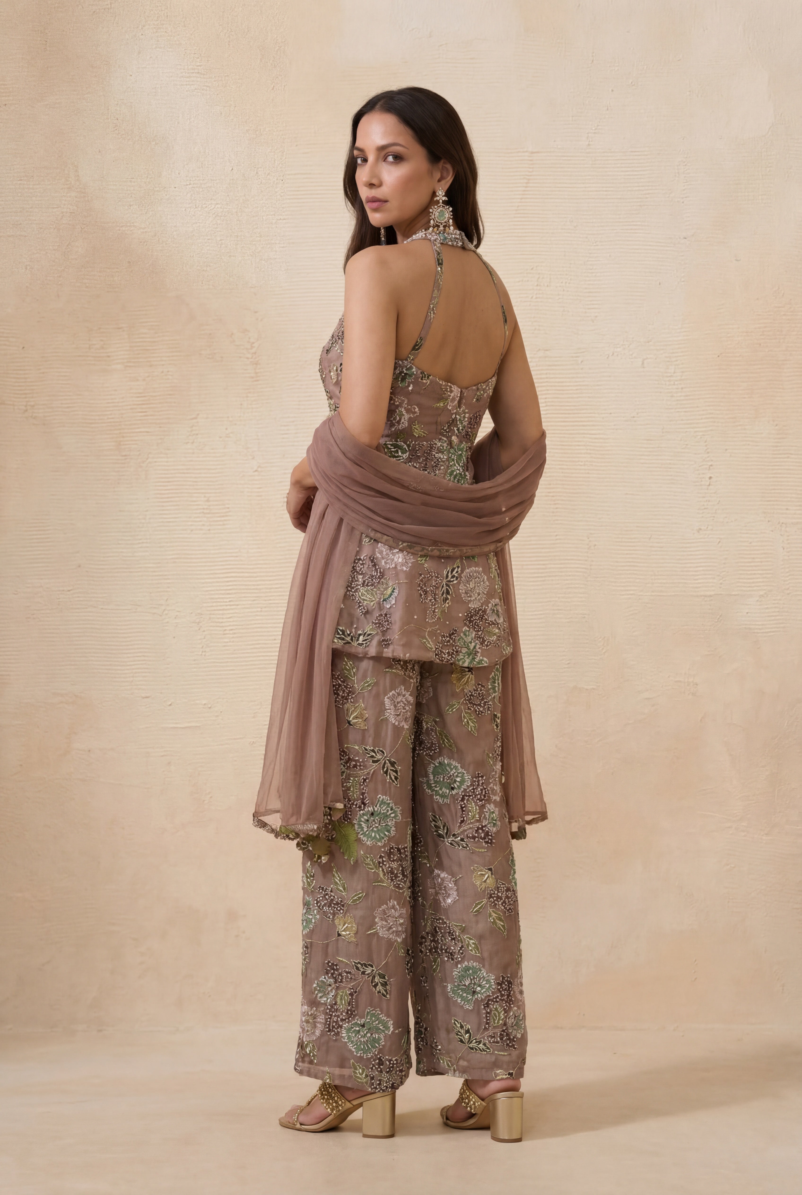 Mauve Floral Crepe Indo-Western Set