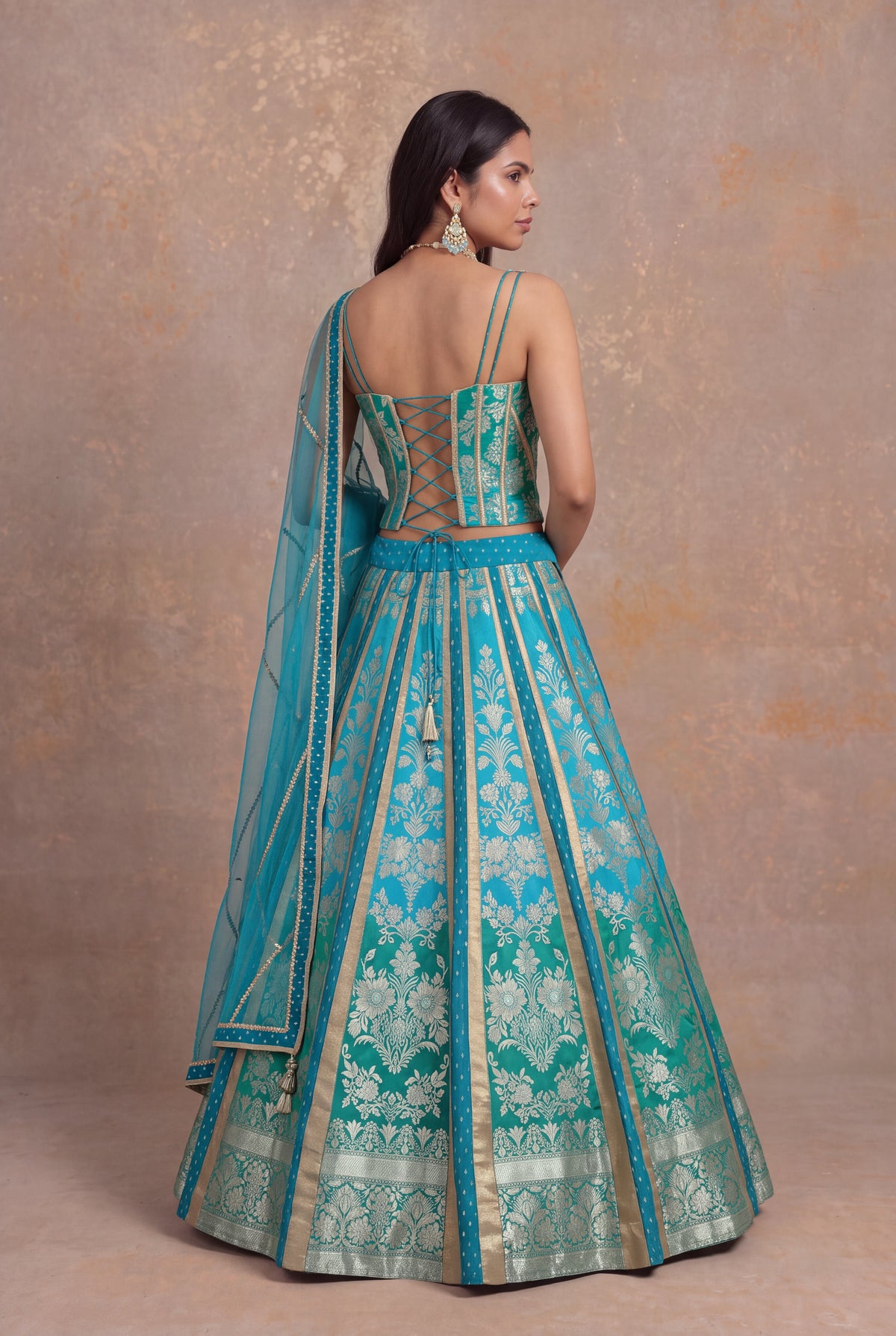 Turquoise Teal Ombre Banarasi Silk Lehenga Set - Mokshaa