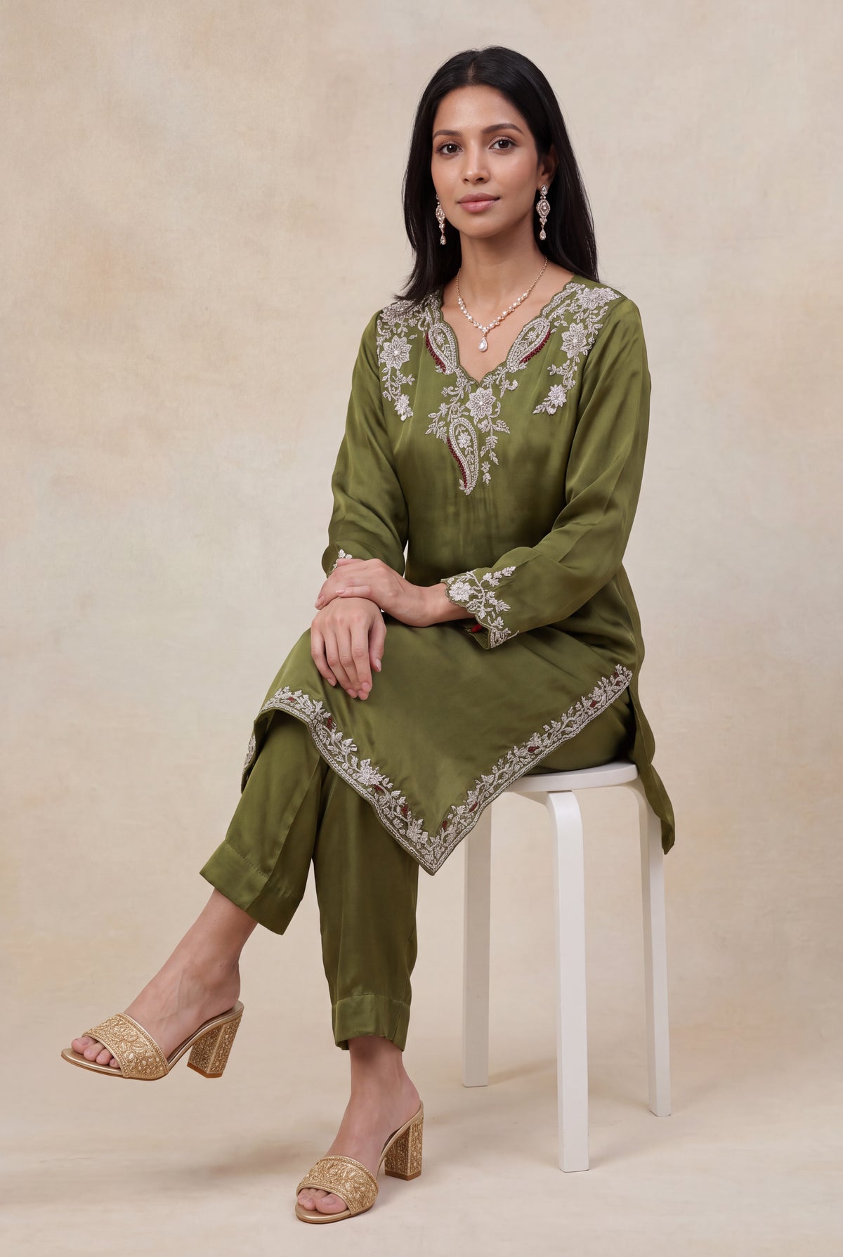 Olive Green Satin Silk Indo-Western Set with Zardozi Work - Mokshaa