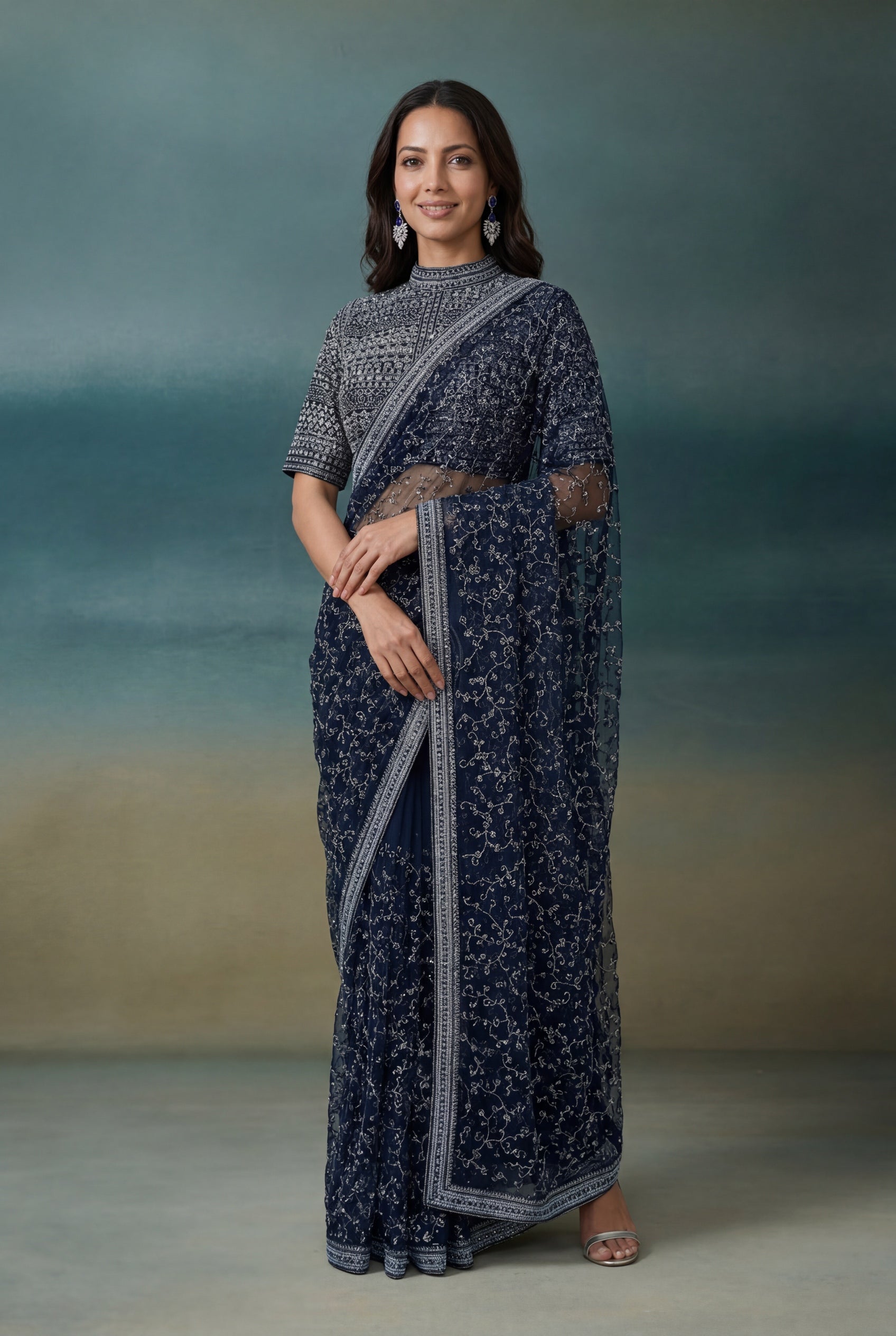 Navy Blue Net Saree