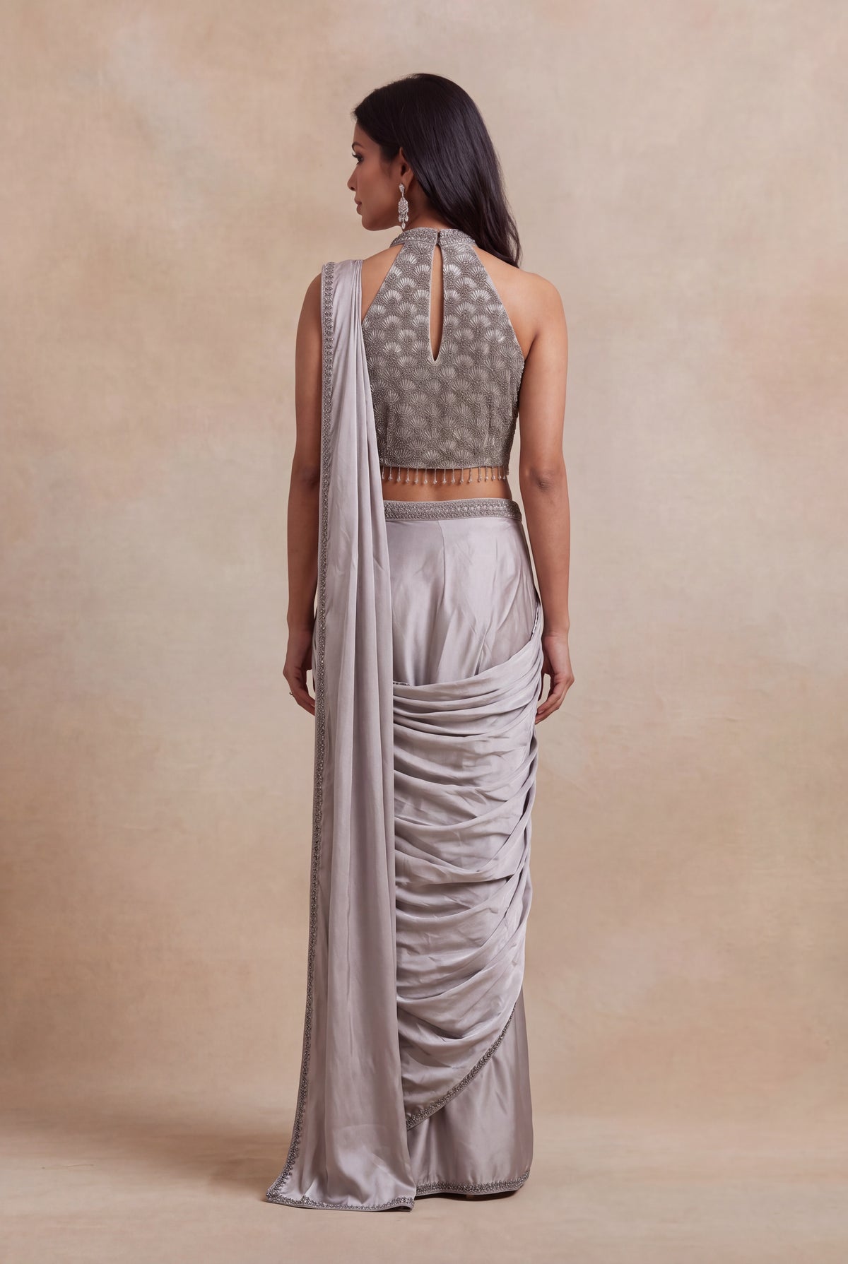 Silver Grey Satin Silk Ready-to-Wear Saree with Embellished Blouse - Mokshaa